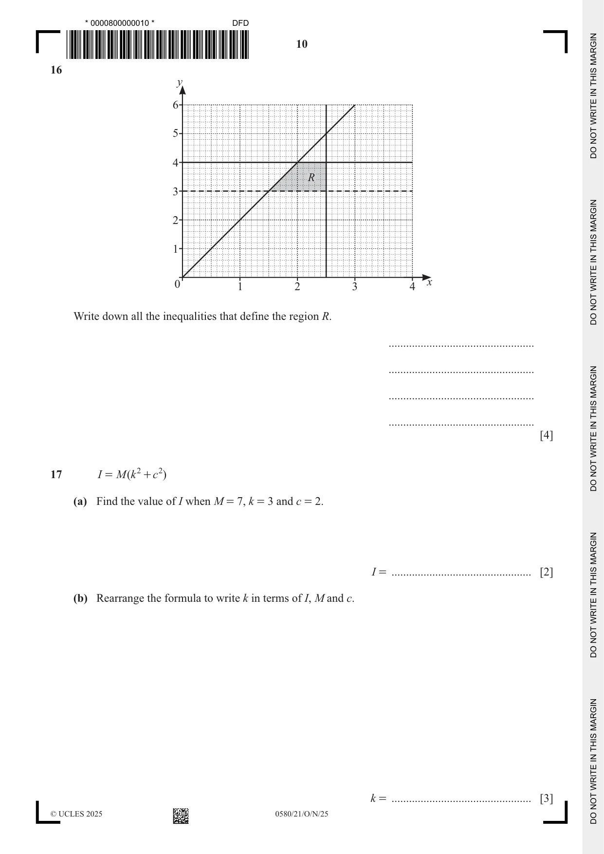 Cambridge IGCSE Mathematics 0580 2025 Oct/Nov Paper 2 · Variant 1 question paper, page 10 of 16