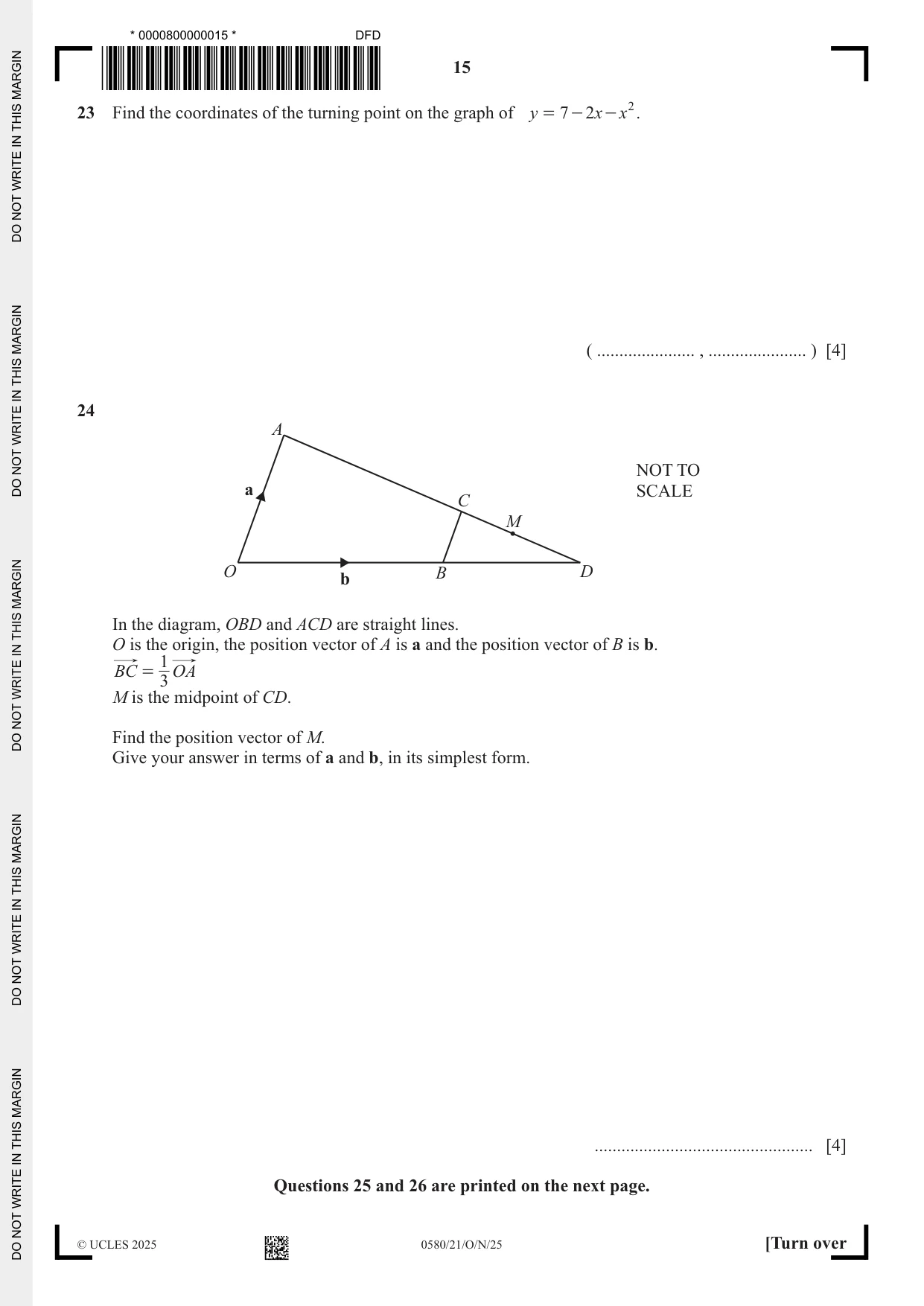 Cambridge IGCSE Mathematics 0580 2025 Oct/Nov Paper 2 · Variant 1 question paper, page 15 of 16