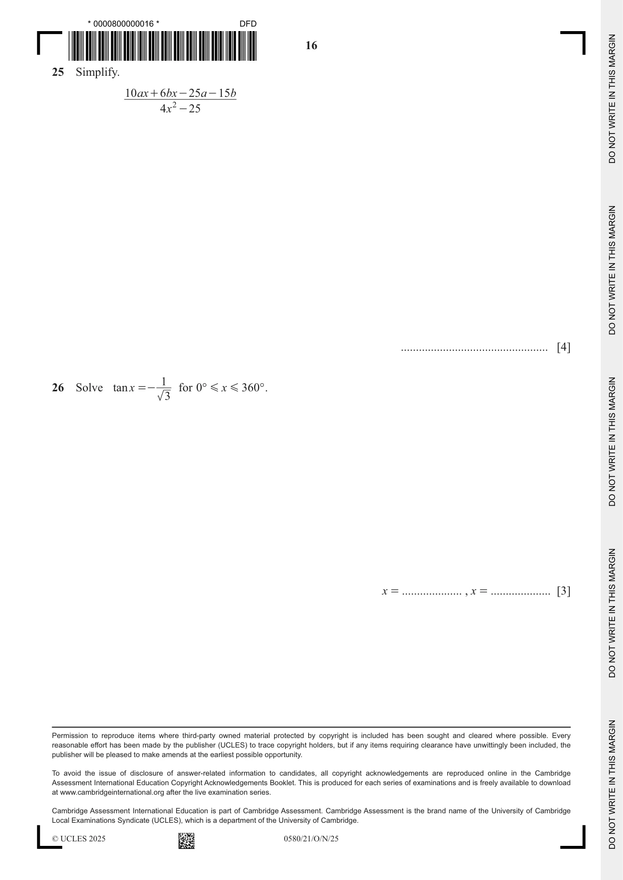 Cambridge IGCSE Mathematics 0580 2025 Oct/Nov Paper 2 · Variant 1 question paper, page 16 of 16