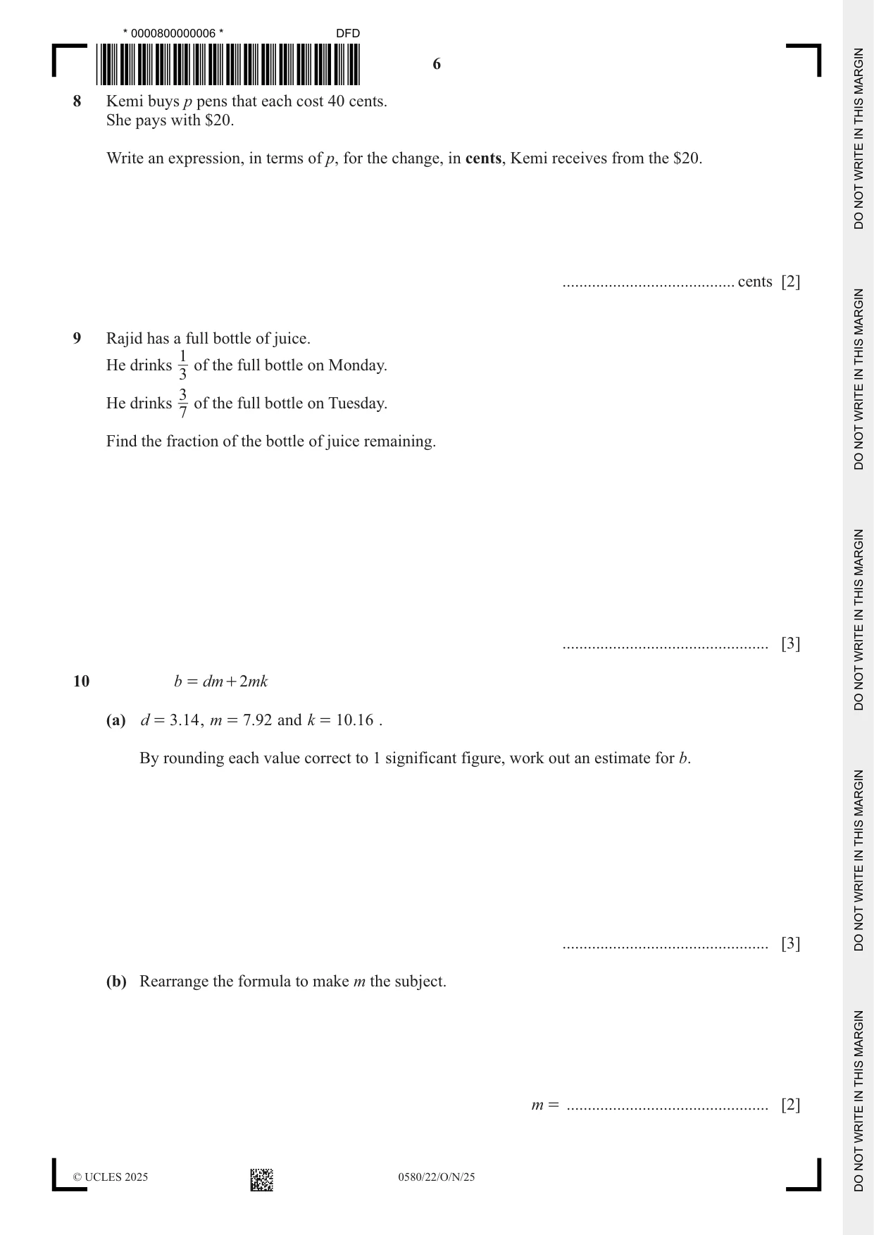 Cambridge IGCSE Mathematics 0580 2025 Oct/Nov Paper 2 · Variant 2 question paper, page 6 of 16