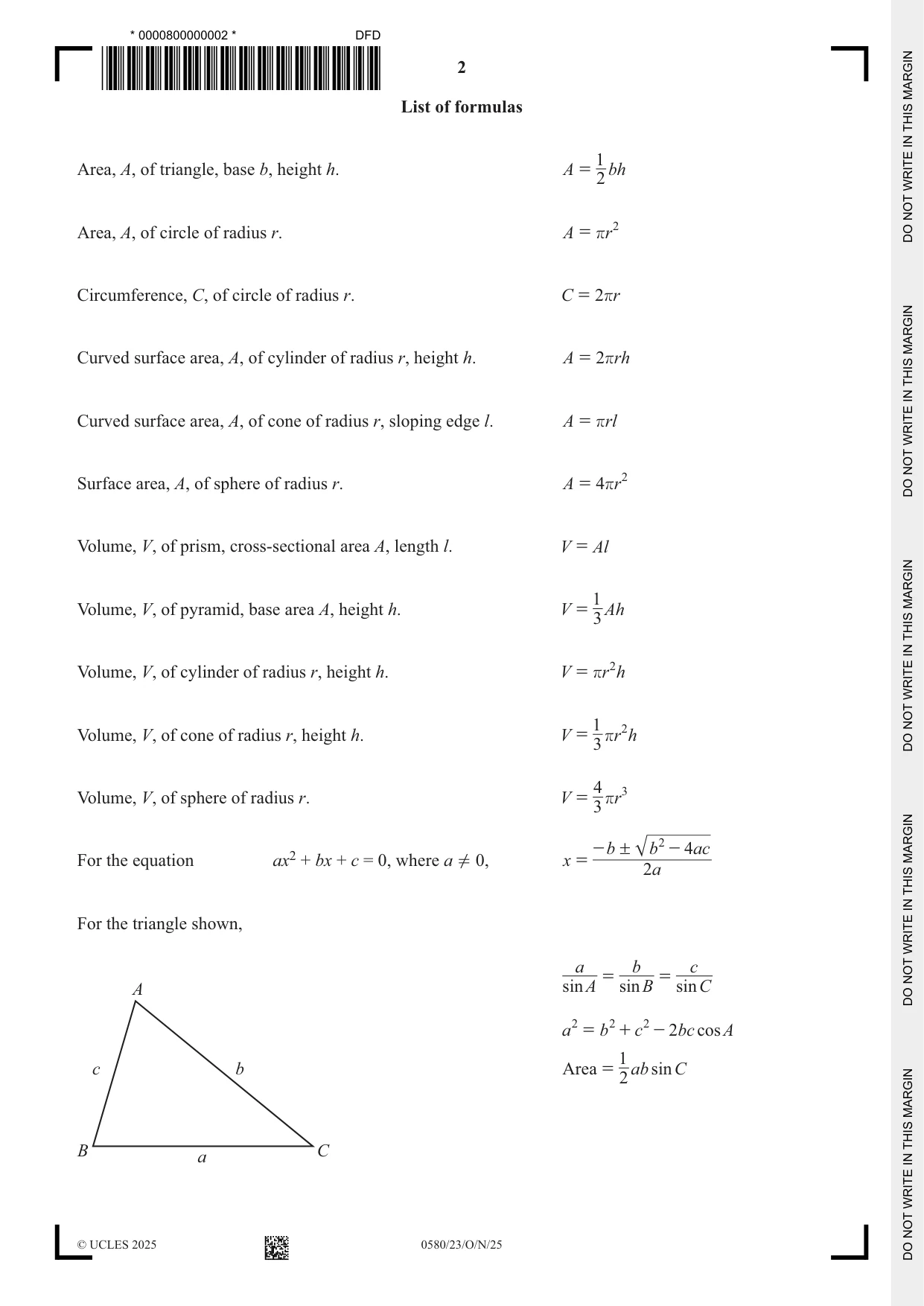 Cambridge IGCSE Mathematics 0580 2025 Oct/Nov Paper 2 · Variant 3 question paper, page 2 of 20