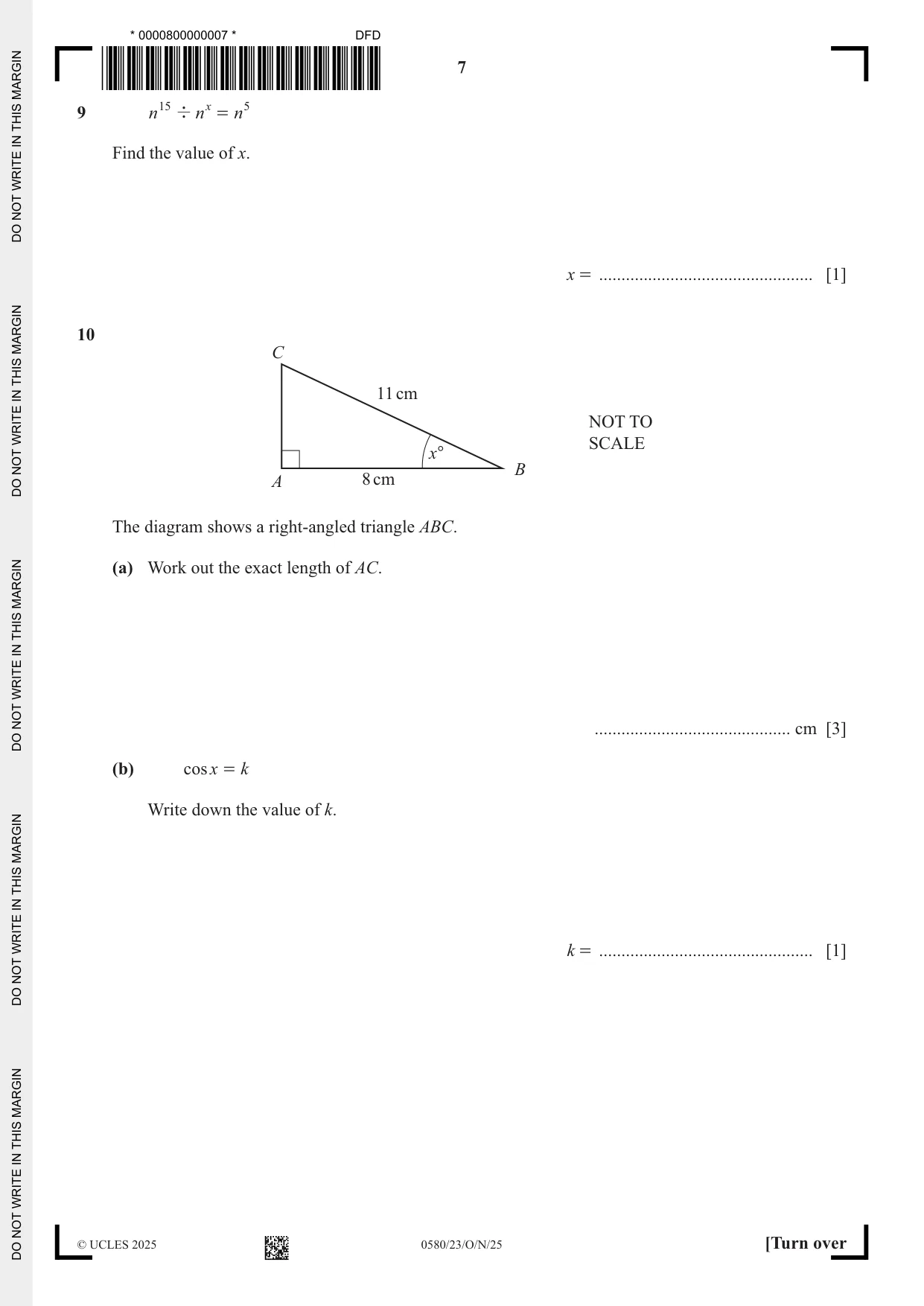 Cambridge IGCSE Mathematics 0580 2025 Oct/Nov Paper 2 · Variant 3 question paper, page 7 of 20