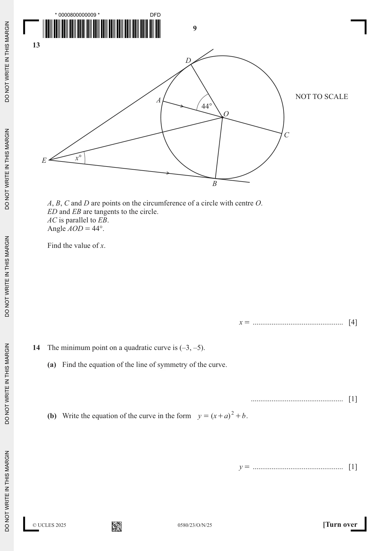 Cambridge IGCSE Mathematics 0580 2025 Oct/Nov Paper 2 · Variant 3 question paper, page 9 of 20