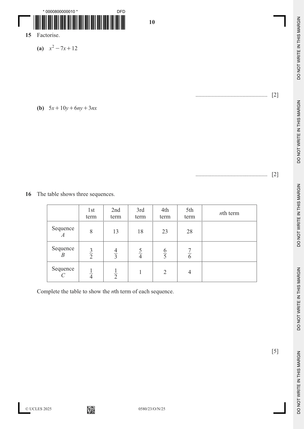 Cambridge IGCSE Mathematics 0580 2025 Oct/Nov Paper 2 · Variant 3 question paper, page 10 of 20