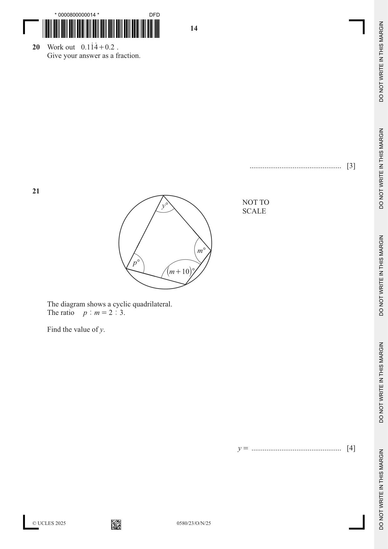 Cambridge IGCSE Mathematics 0580 2025 Oct/Nov Paper 2 · Variant 3 question paper, page 14 of 20