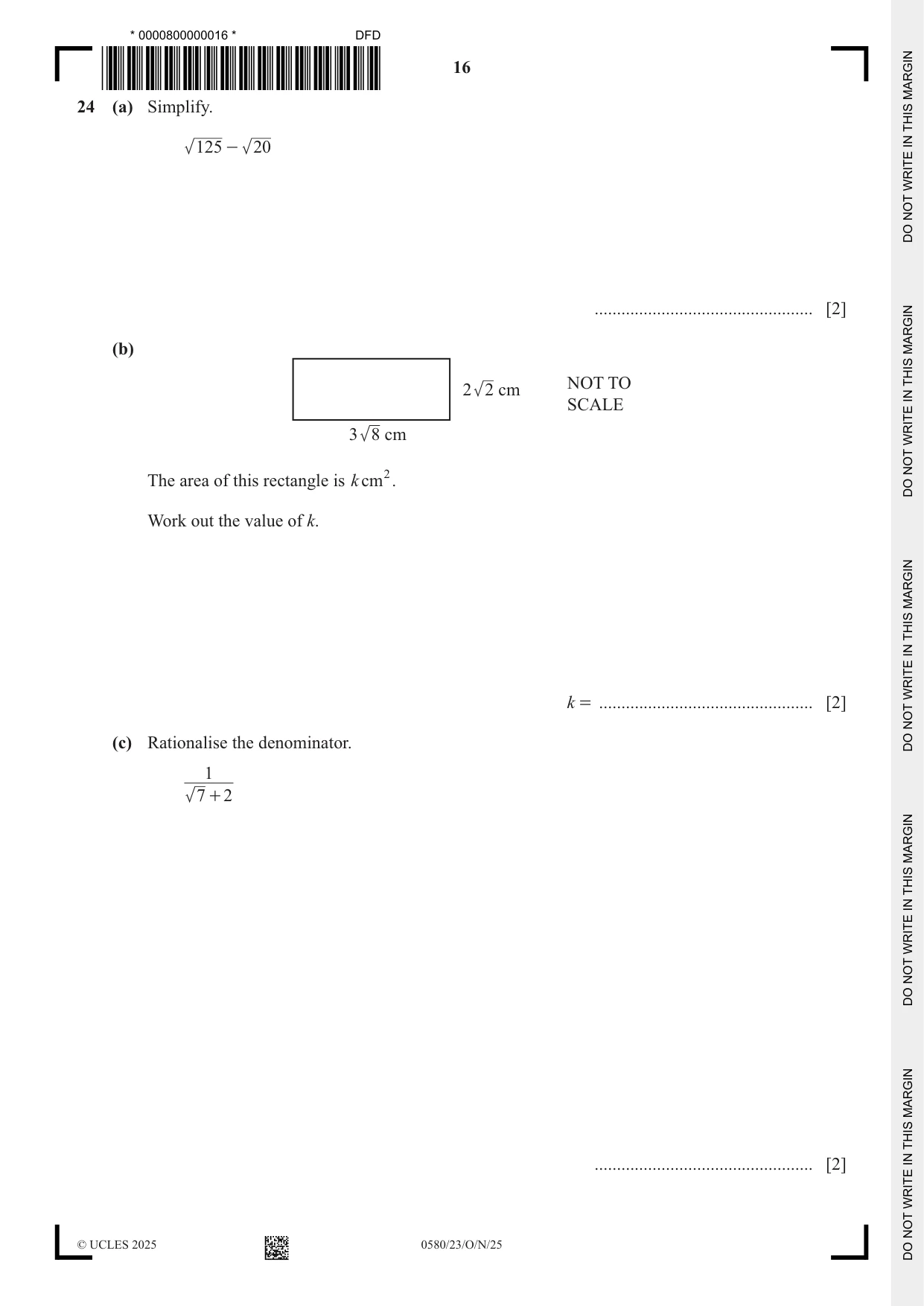 Cambridge IGCSE Mathematics 0580 2025 Oct/Nov Paper 2 · Variant 3 question paper, page 16 of 20