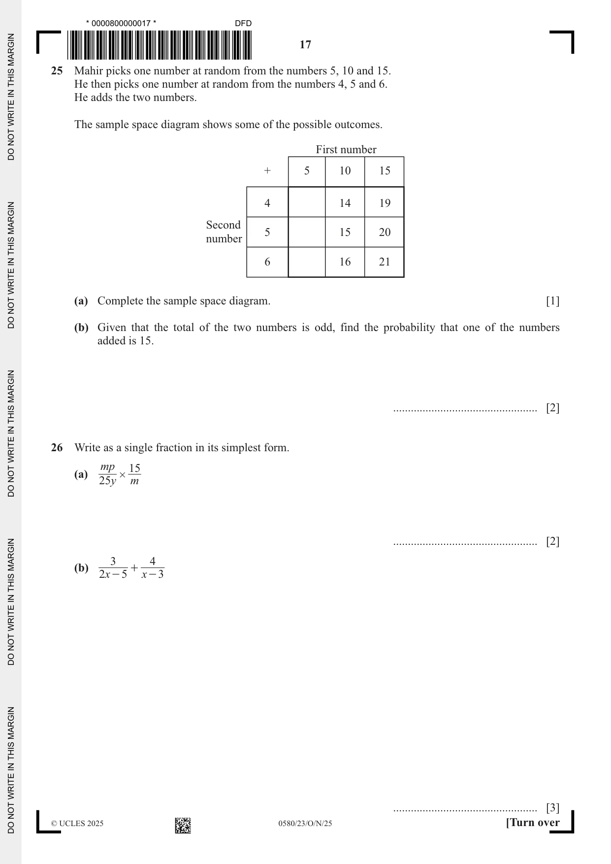 Cambridge IGCSE Mathematics 0580 2025 Oct/Nov Paper 2 · Variant 3 question paper, page 17 of 20