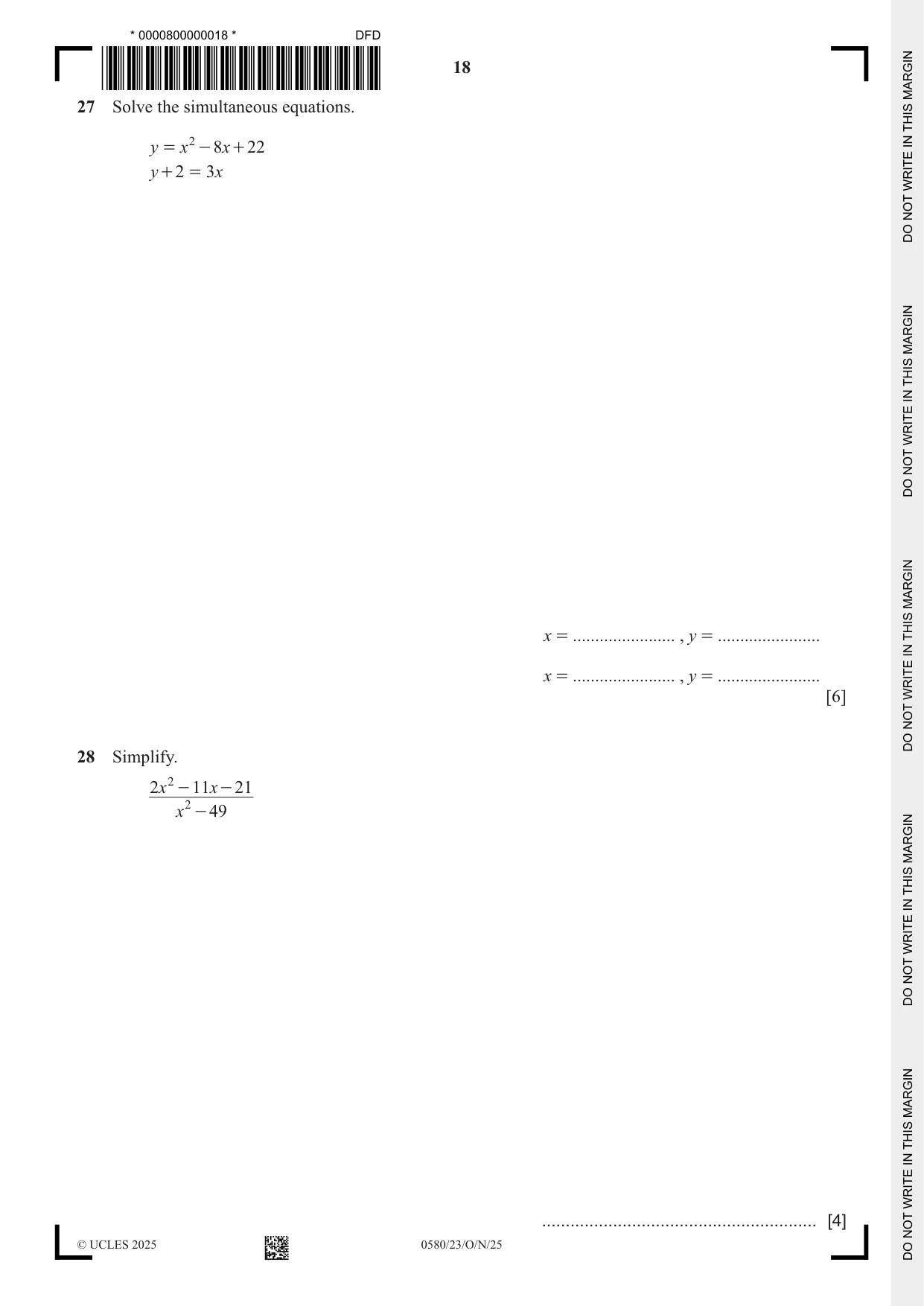 Cambridge IGCSE Mathematics 0580 2025 Oct/Nov Paper 2 · Variant 3 question paper, page 18 of 20