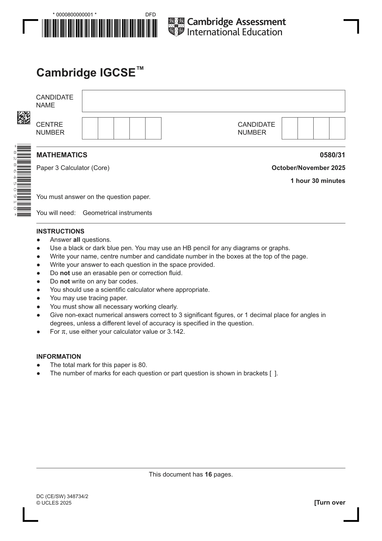 Cambridge IGCSE Mathematics 0580 2025 Oct/Nov Paper 3 · Variant 1 question paper, page 1 of 16