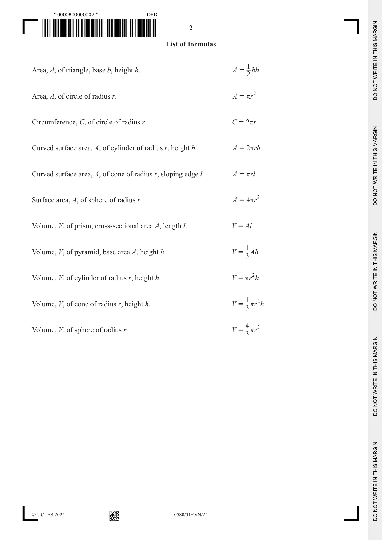 Cambridge IGCSE Mathematics 0580 2025 Oct/Nov Paper 3 · Variant 1 question paper, page 2 of 16