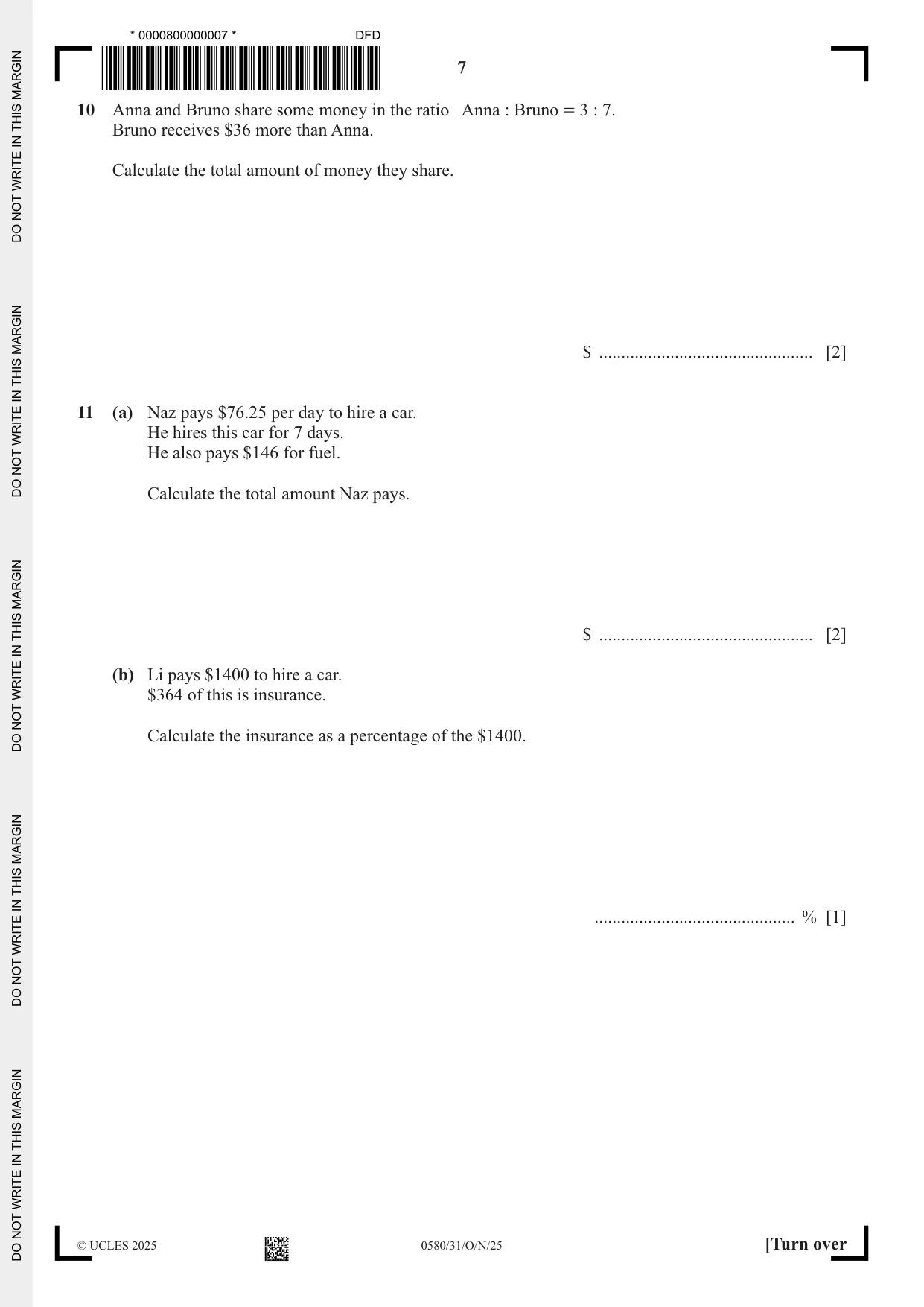 Cambridge IGCSE Mathematics 0580 2025 Oct/Nov Paper 3 · Variant 1 question paper, page 7 of 16