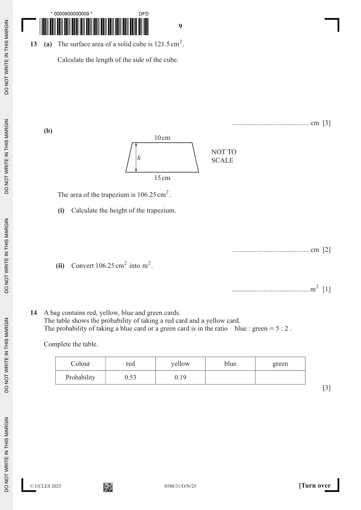 Cambridge IGCSE Mathematics 0580 2025 Oct/Nov Paper 3 · Variant 1 question paper, page 9 of 16
