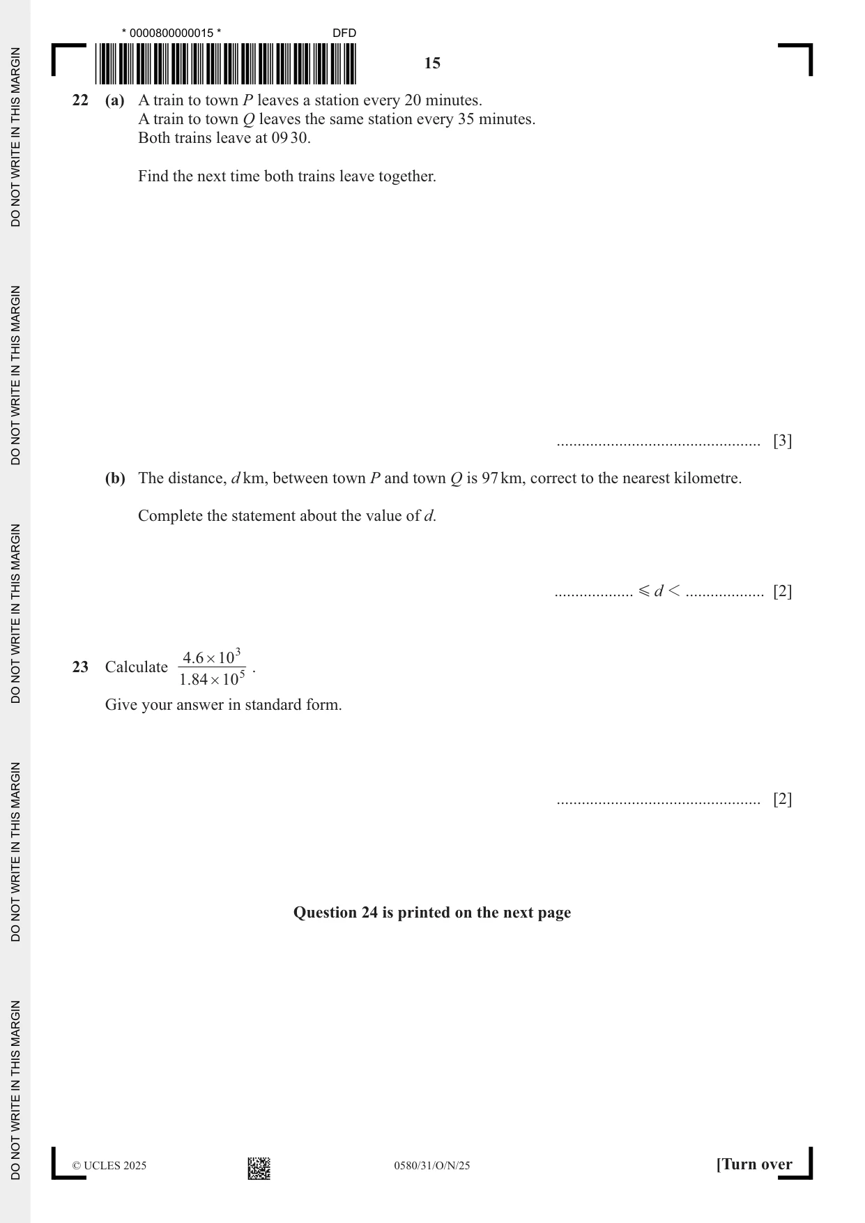 Cambridge IGCSE Mathematics 0580 2025 Oct/Nov Paper 3 · Variant 1 question paper, page 15 of 16