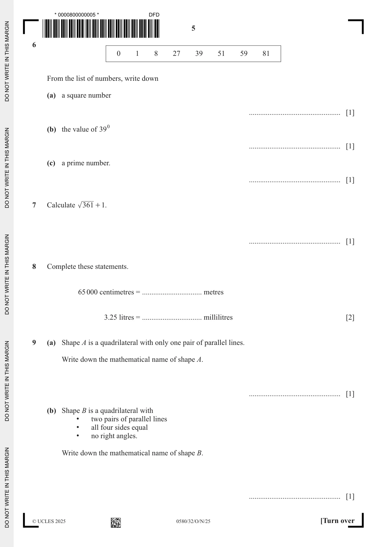Cambridge IGCSE Mathematics 0580 2025 Oct/Nov Paper 3 · Variant 2 question paper, page 5 of 16