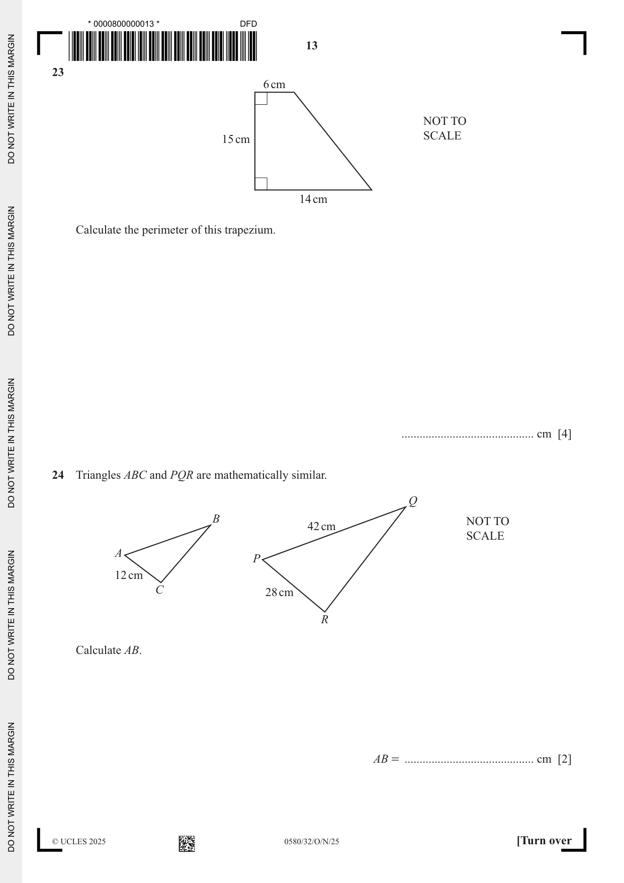 Cambridge IGCSE Mathematics 0580 2025 Oct/Nov Paper 3 · Variant 2 question paper, page 13 of 16