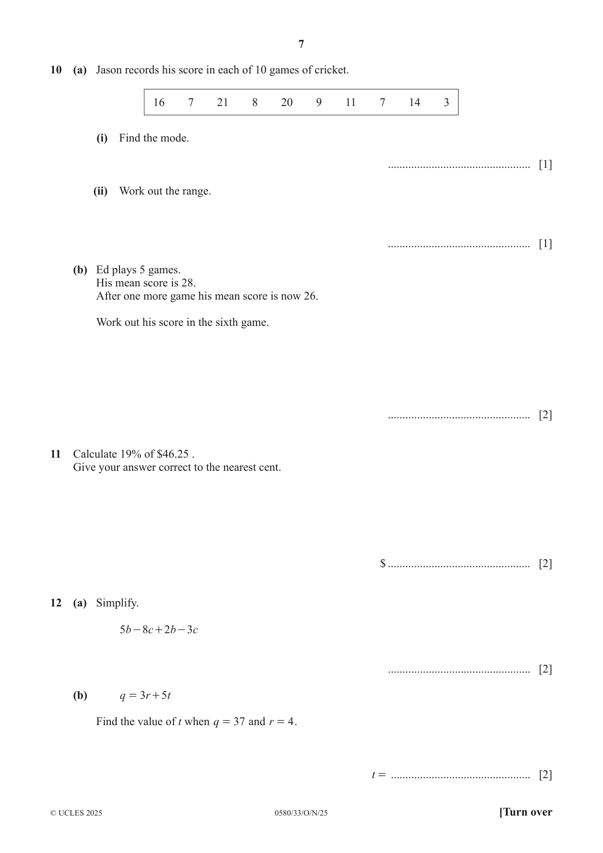 Cambridge IGCSE Mathematics 0580 2025 Oct/Nov Paper 3 · Variant 3 question paper, page 7 of 16