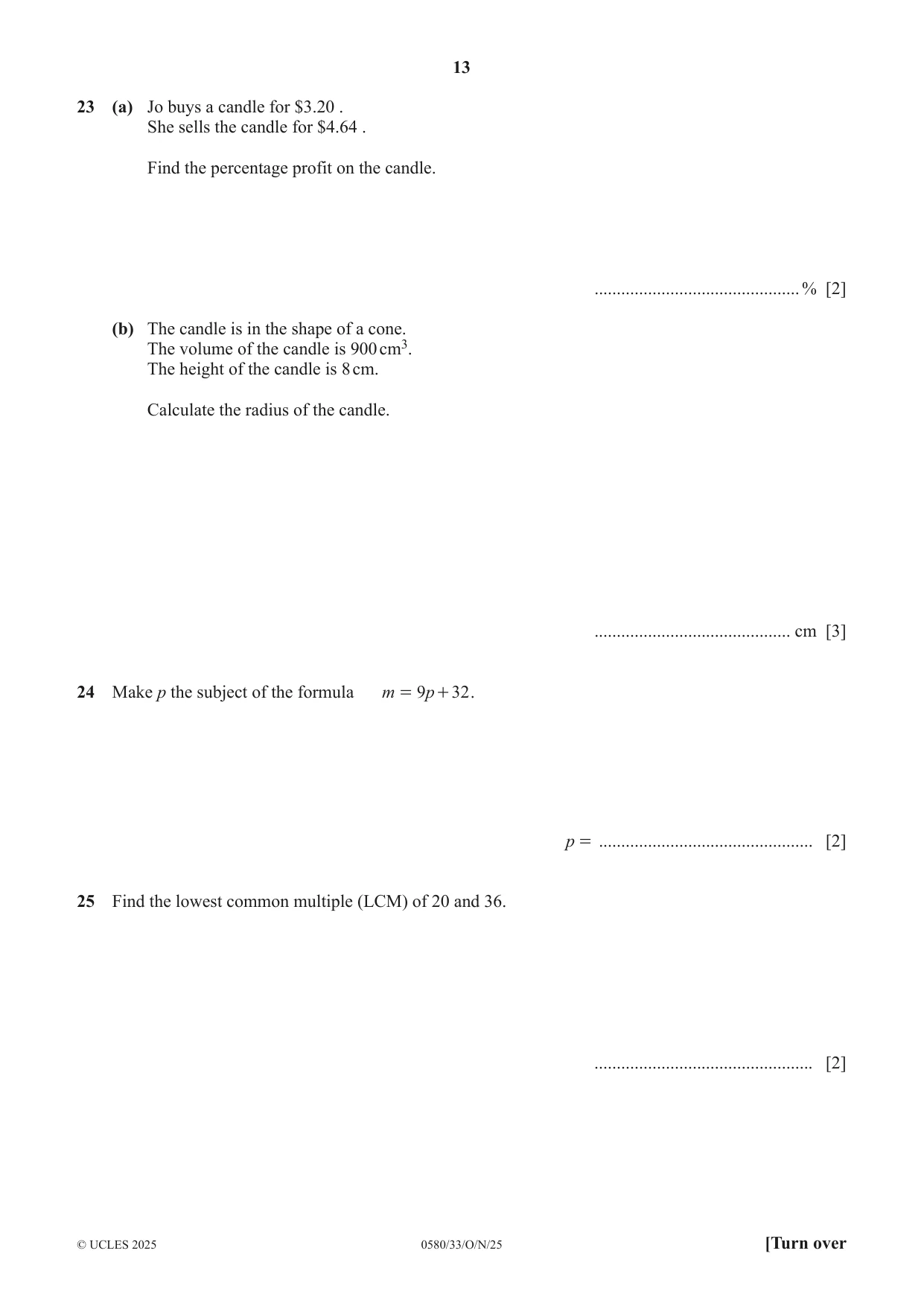 Cambridge IGCSE Mathematics 0580 2025 Oct/Nov Paper 3 · Variant 3 question paper, page 13 of 16