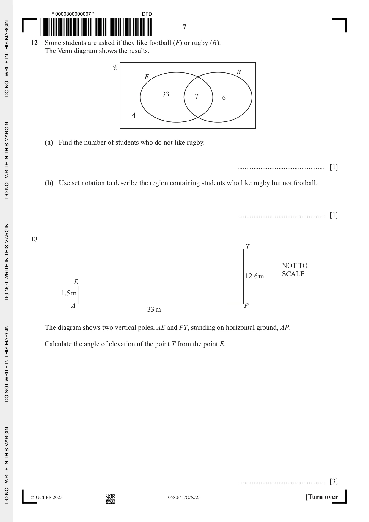 Cambridge IGCSE Mathematics 0580 2025 Oct/Nov Paper 4 · Variant 1 question paper, page 7 of 20