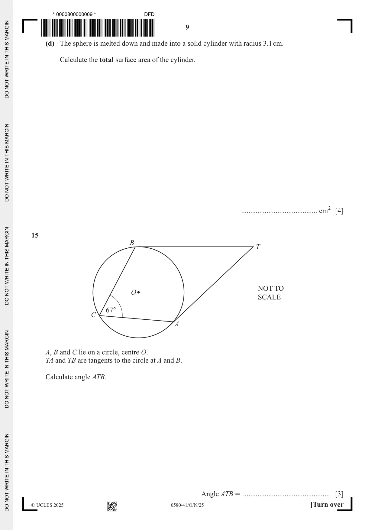 Cambridge IGCSE Mathematics 0580 2025 Oct/Nov Paper 4 · Variant 1 question paper, page 9 of 20