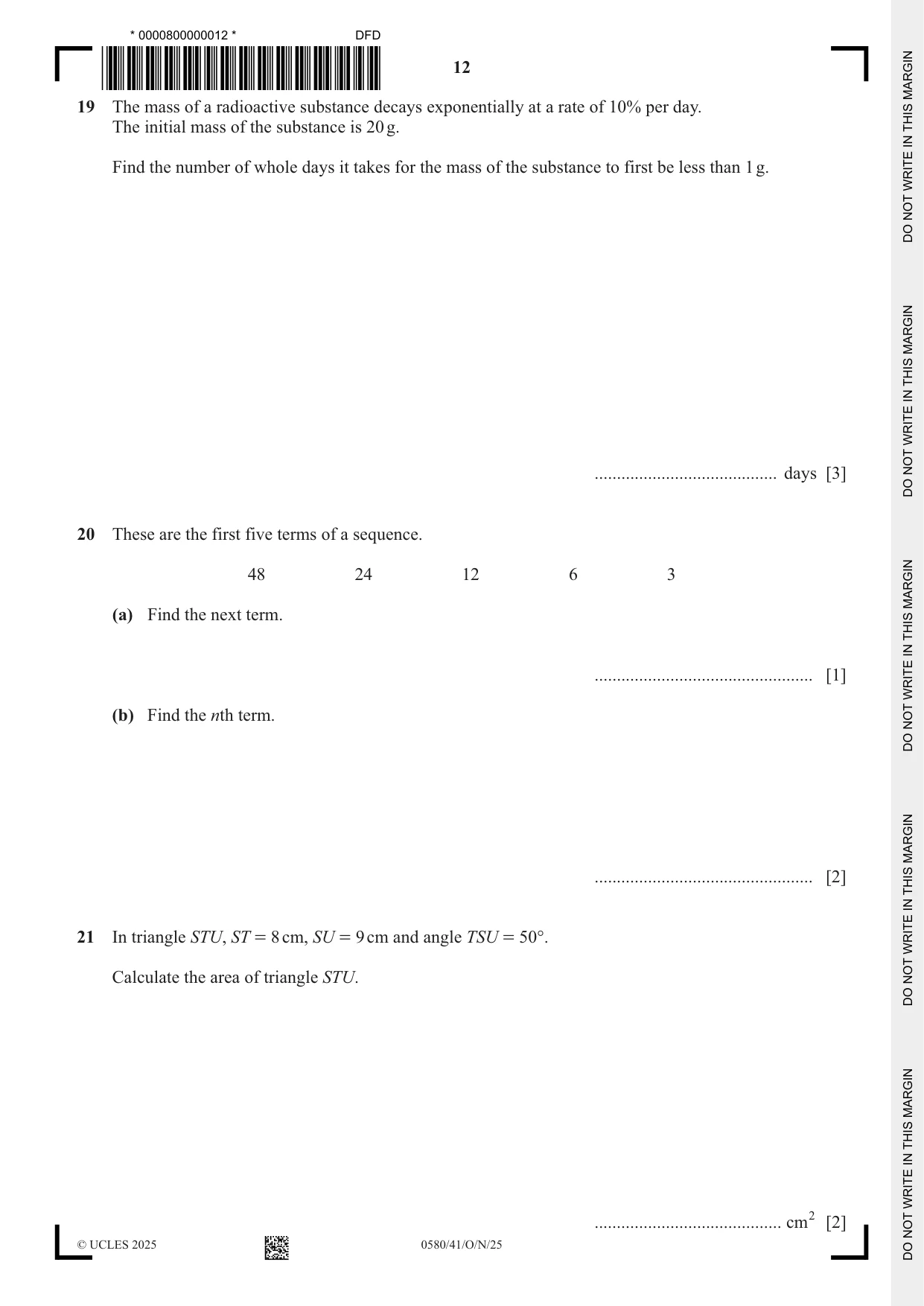 Cambridge IGCSE Mathematics 0580 2025 Oct/Nov Paper 4 · Variant 1 question paper, page 12 of 20
