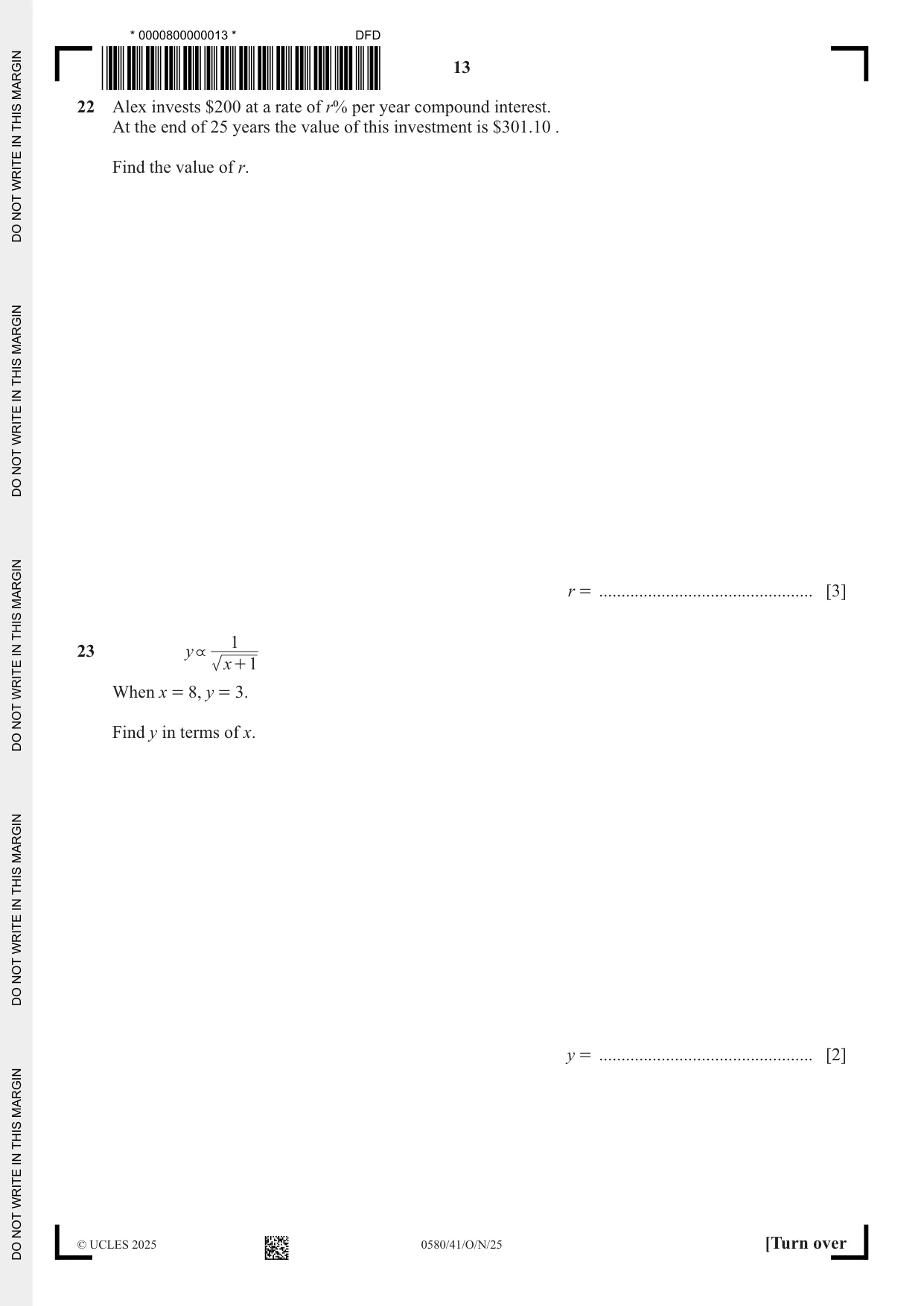 Cambridge IGCSE Mathematics 0580 2025 Oct/Nov Paper 4 · Variant 1 question paper, page 13 of 20