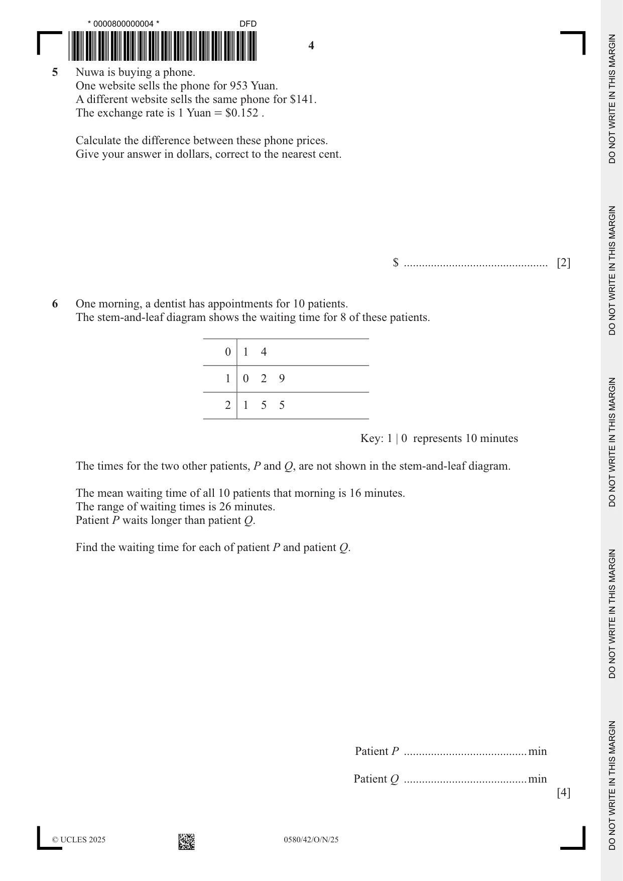 Cambridge IGCSE Mathematics 0580 2025 Oct/Nov Paper 4 · Variant 2 question paper, page 4 of 16
