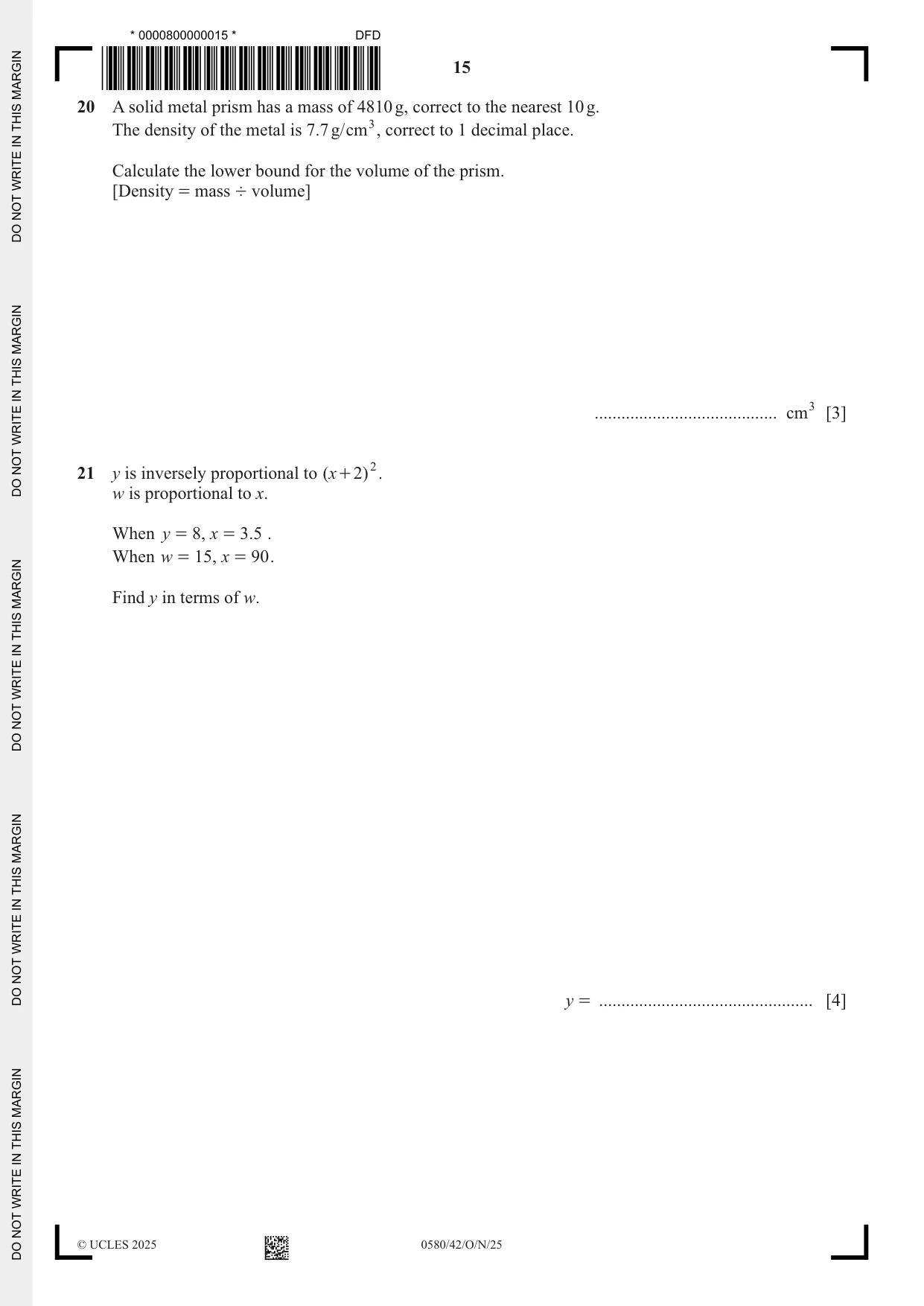 Cambridge IGCSE Mathematics 0580 2025 Oct/Nov Paper 4 · Variant 2 question paper, page 15 of 16