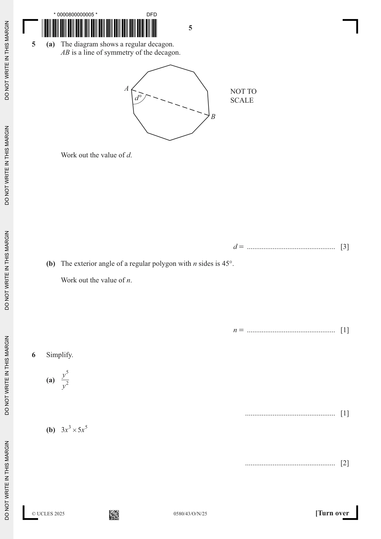 Cambridge IGCSE Mathematics 0580 2025 Oct/Nov Paper 4 · Variant 3 question paper, page 5 of 20