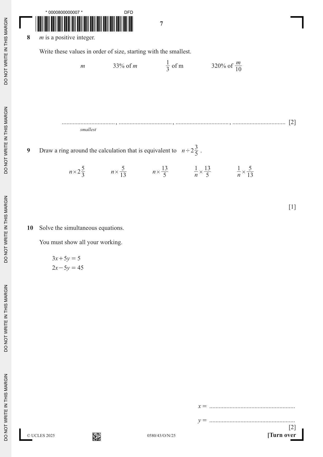 Cambridge IGCSE Mathematics 0580 2025 Oct/Nov Paper 4 · Variant 3 question paper, page 7 of 20