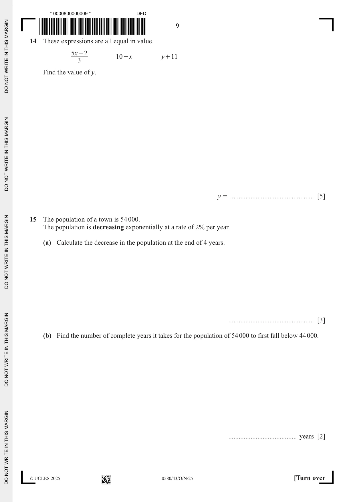Cambridge IGCSE Mathematics 0580 2025 Oct/Nov Paper 4 · Variant 3 question paper, page 9 of 20
