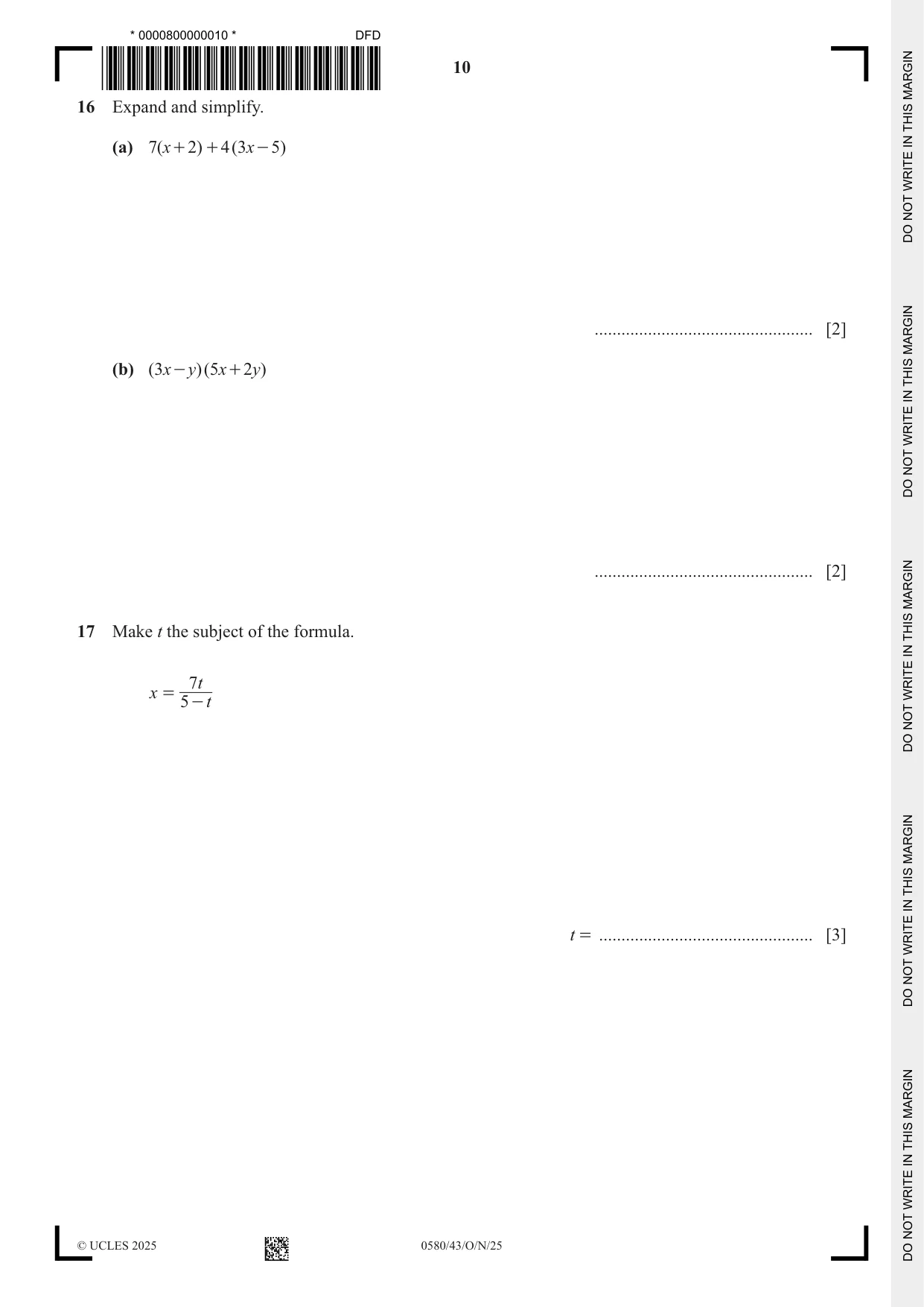 Cambridge IGCSE Mathematics 0580 2025 Oct/Nov Paper 4 · Variant 3 question paper, page 10 of 20