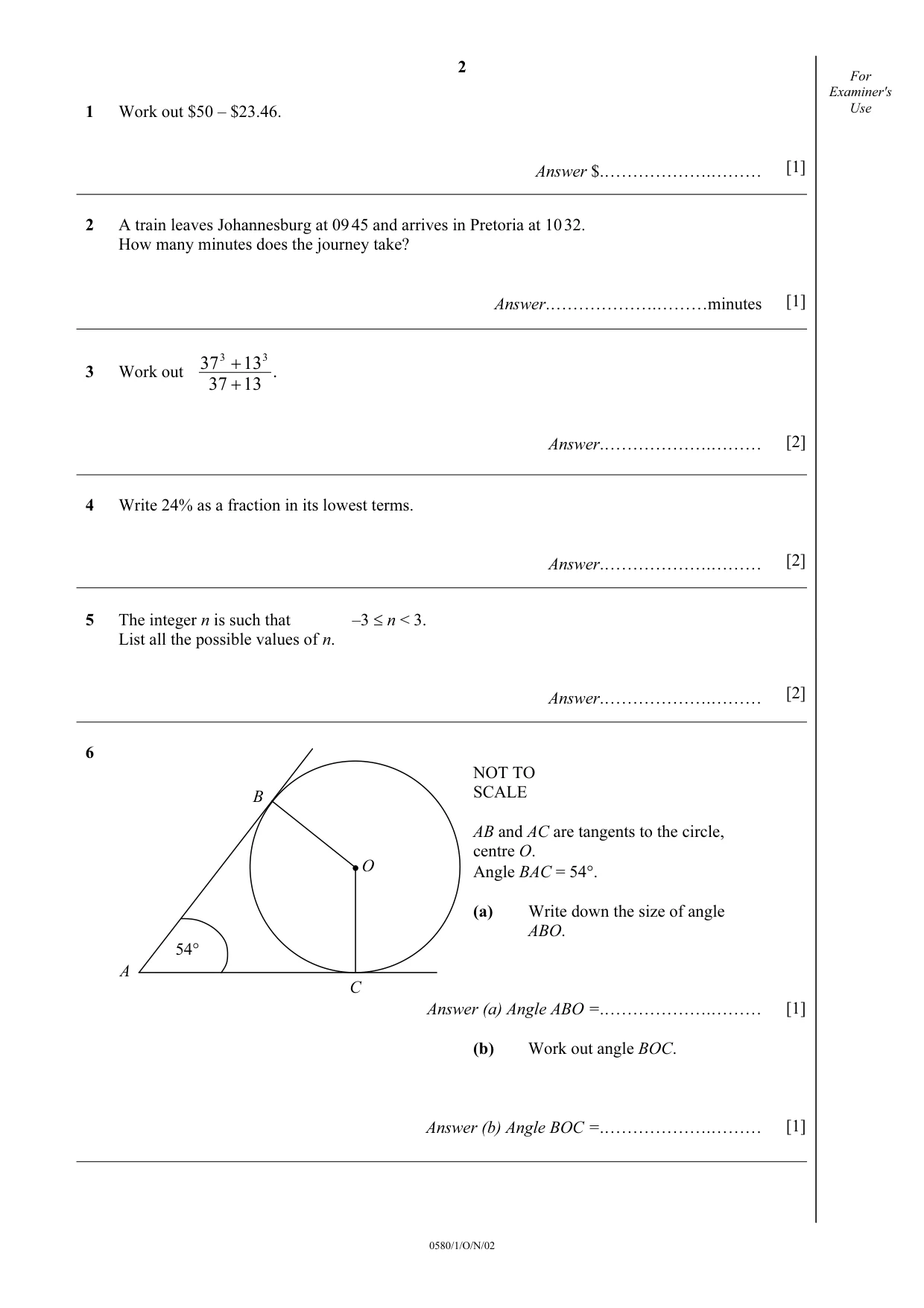 Cambridge IGCSE Mathematics (with coursework) 0581 2002 Oct/Nov Paper 1 · Variant 1 question paper, page 2 of 8