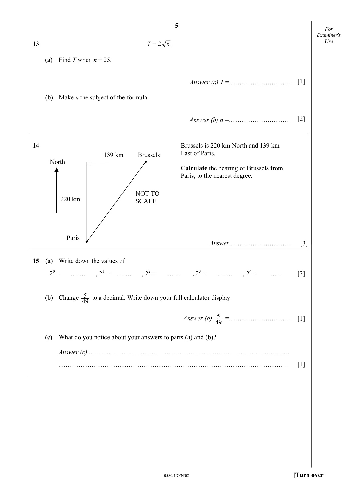 Cambridge IGCSE Mathematics (with coursework) 0581 2002 Oct/Nov Paper 1 · Variant 1 question paper, page 5 of 8