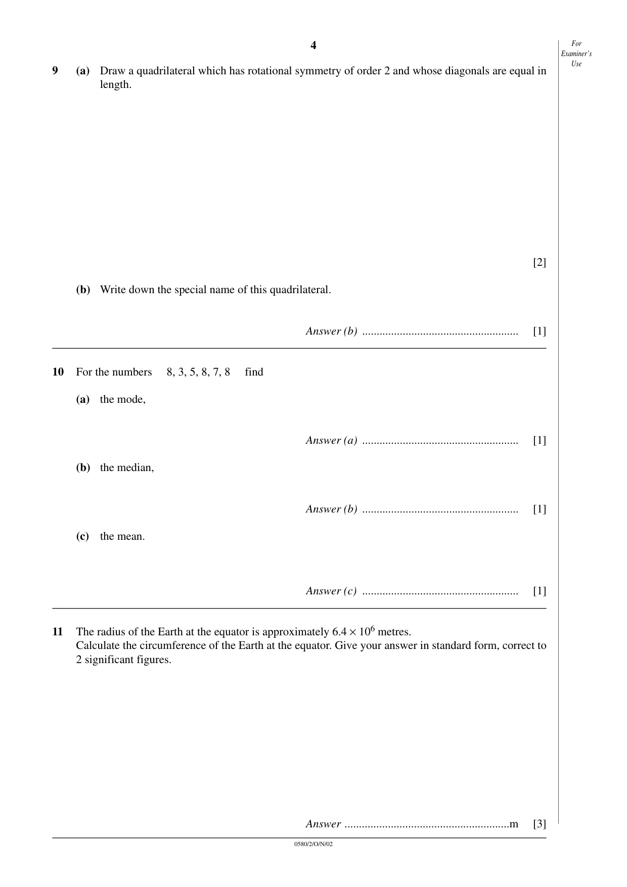 Cambridge IGCSE Mathematics (with coursework) 0581 2002 Oct/Nov Paper 2 · Variant 1 question paper, page 4 of 12