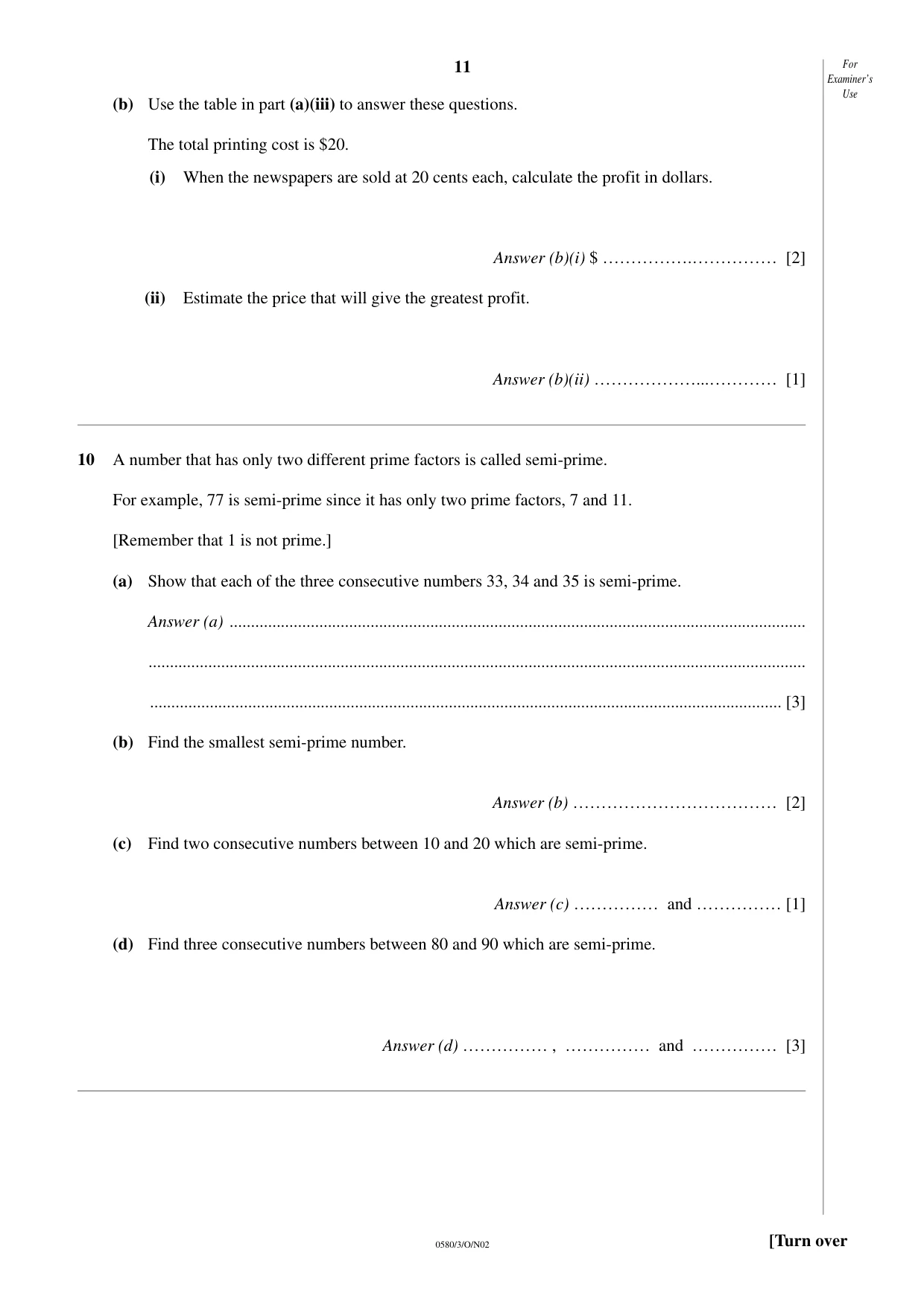 Cambridge IGCSE Mathematics (with coursework) 0581 2002 Oct/Nov Paper 3 · Variant 1 question paper, page 11 of 12