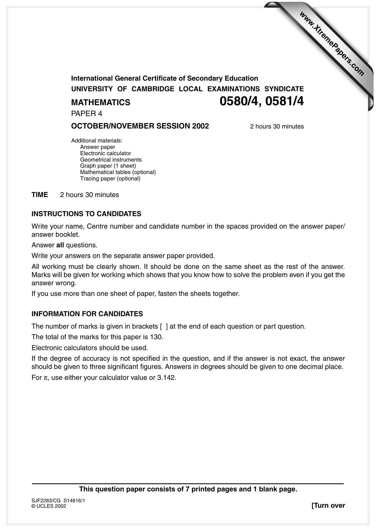Cambridge IGCSE Mathematics (with coursework) 0581 2002 Oct/Nov Paper 4 · Variant 1 question paper, page 1 of 8