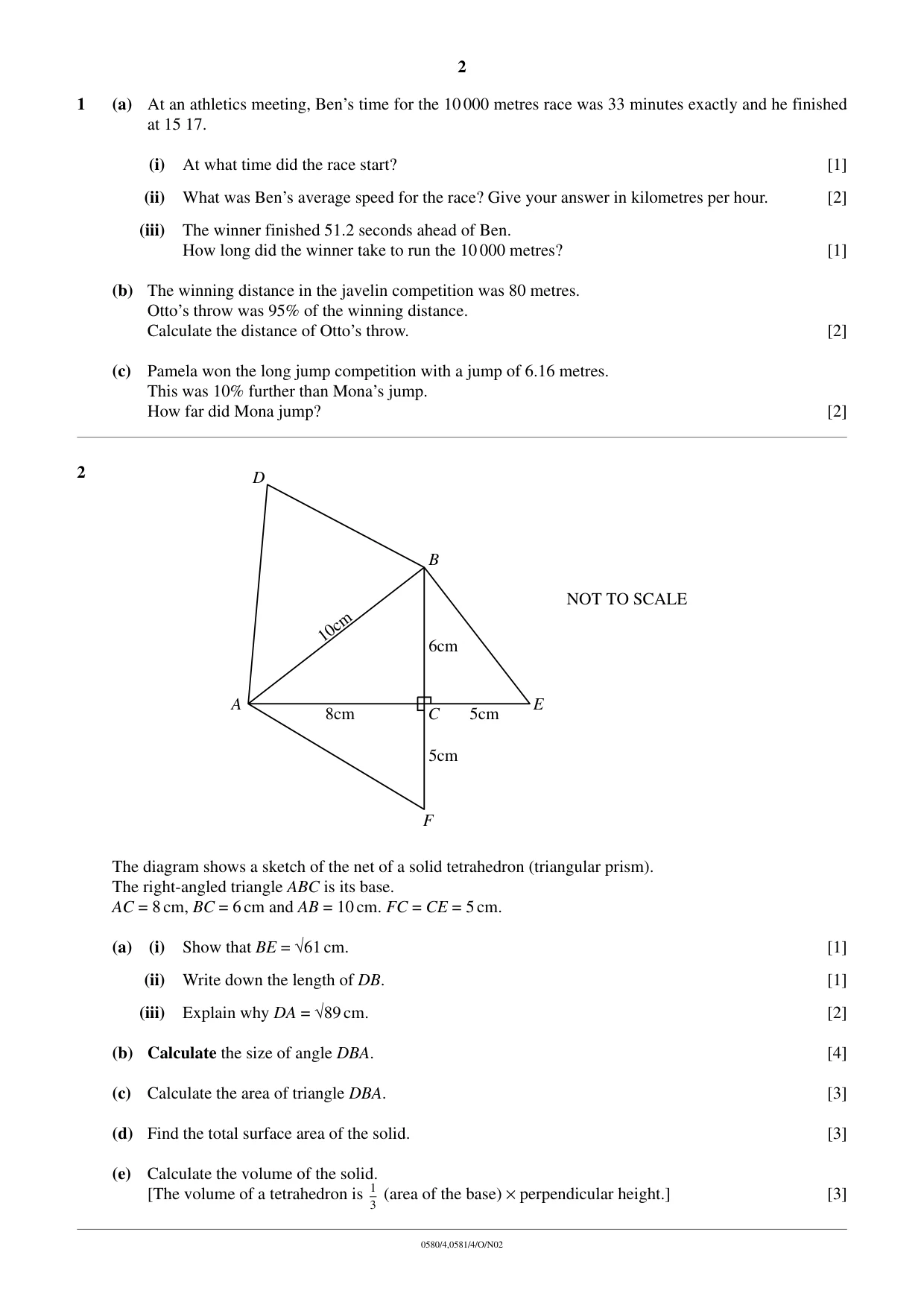 Cambridge IGCSE Mathematics (with coursework) 0581 2002 Oct/Nov Paper 4 · Variant 1 question paper, page 2 of 8