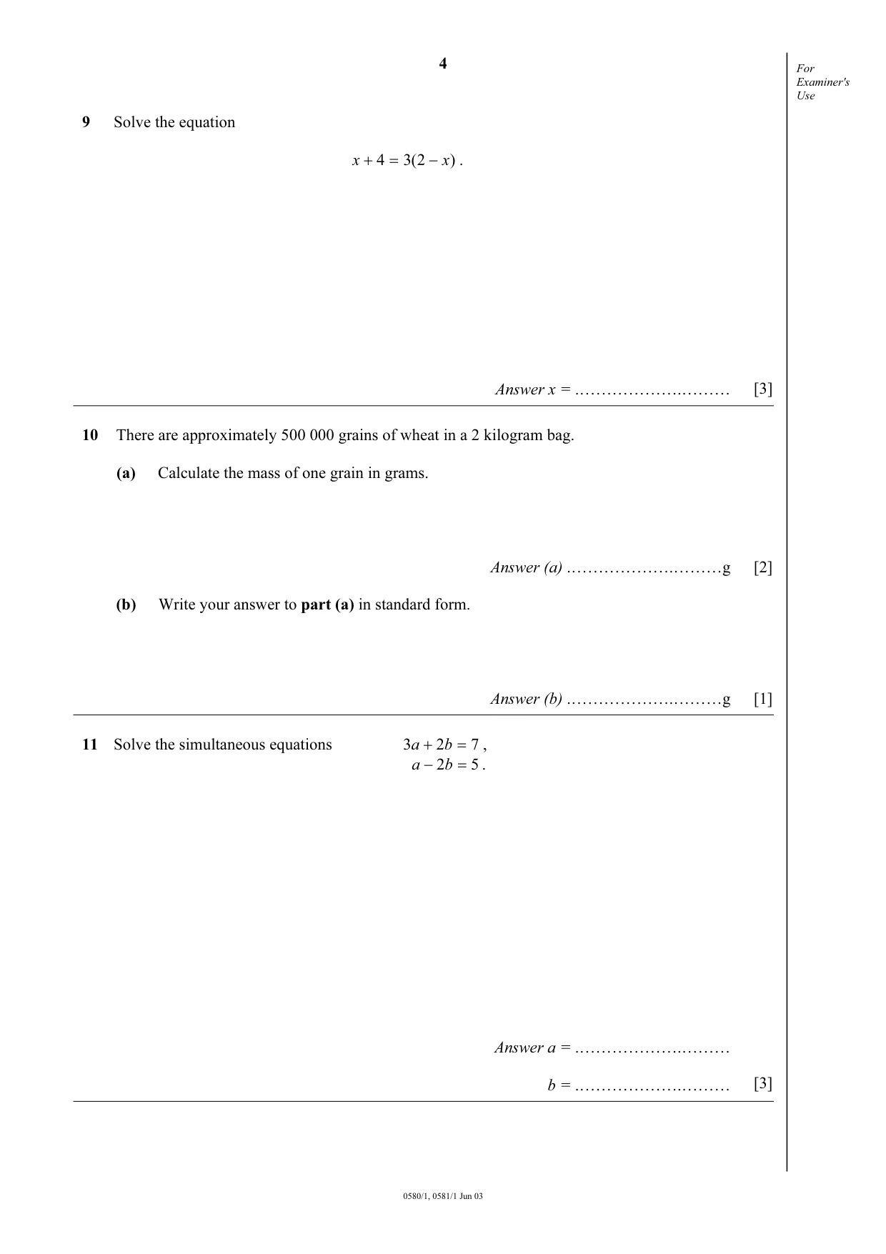 Cambridge IGCSE Mathematics (with coursework) 0581 2003 May/June Paper 1 · Variant 1 question paper, page 4 of 12