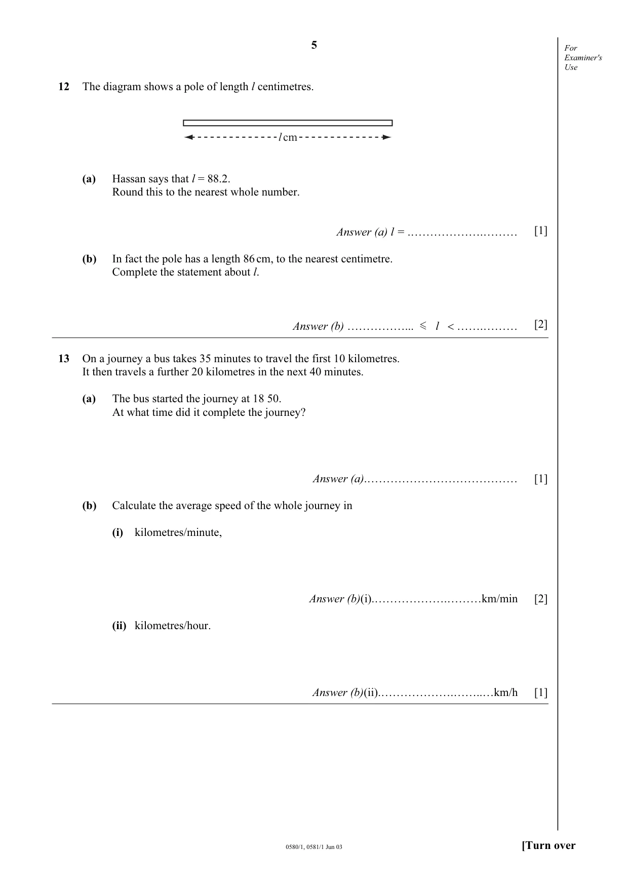 Cambridge IGCSE Mathematics (with coursework) 0581 2003 May/June Paper 1 · Variant 1 question paper, page 5 of 12