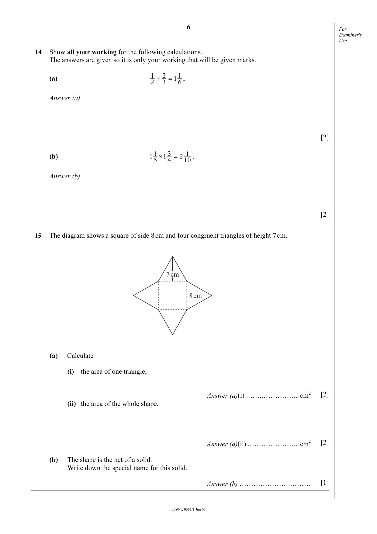 Cambridge IGCSE Mathematics (with coursework) 0581 2003 May/June Paper 1 · Variant 1 question paper, page 6 of 12