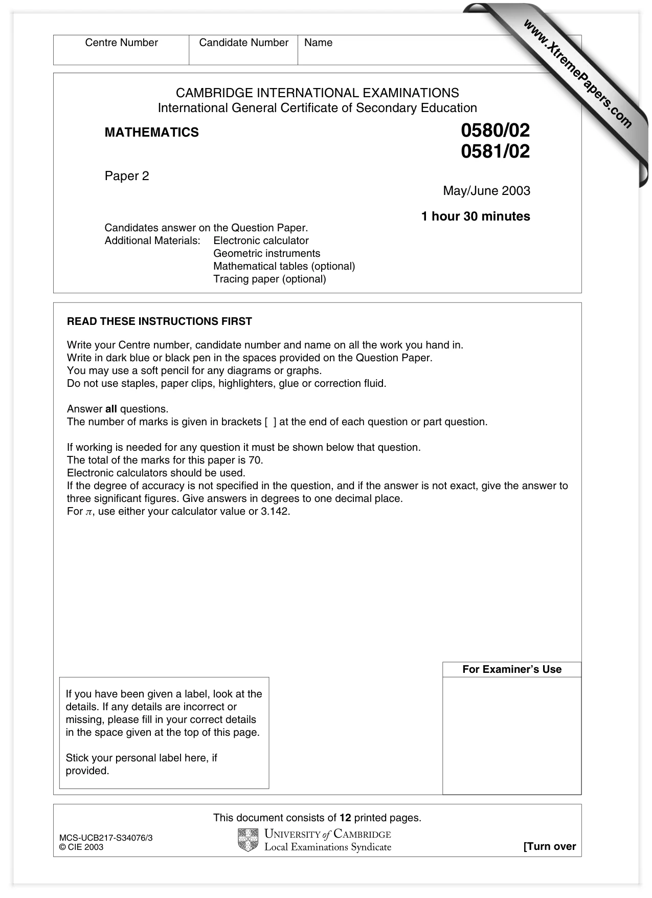 Cambridge IGCSE Mathematics (with coursework) 0581 2003 May/June Paper 2 · Variant 1 question paper, page 1 of 12