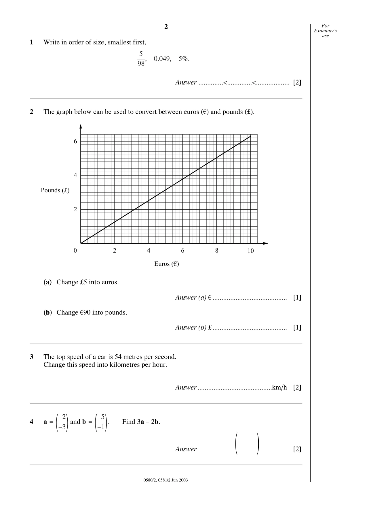Cambridge IGCSE Mathematics (with coursework) 0581 2003 May/June Paper 2 · Variant 1 question paper, page 2 of 12