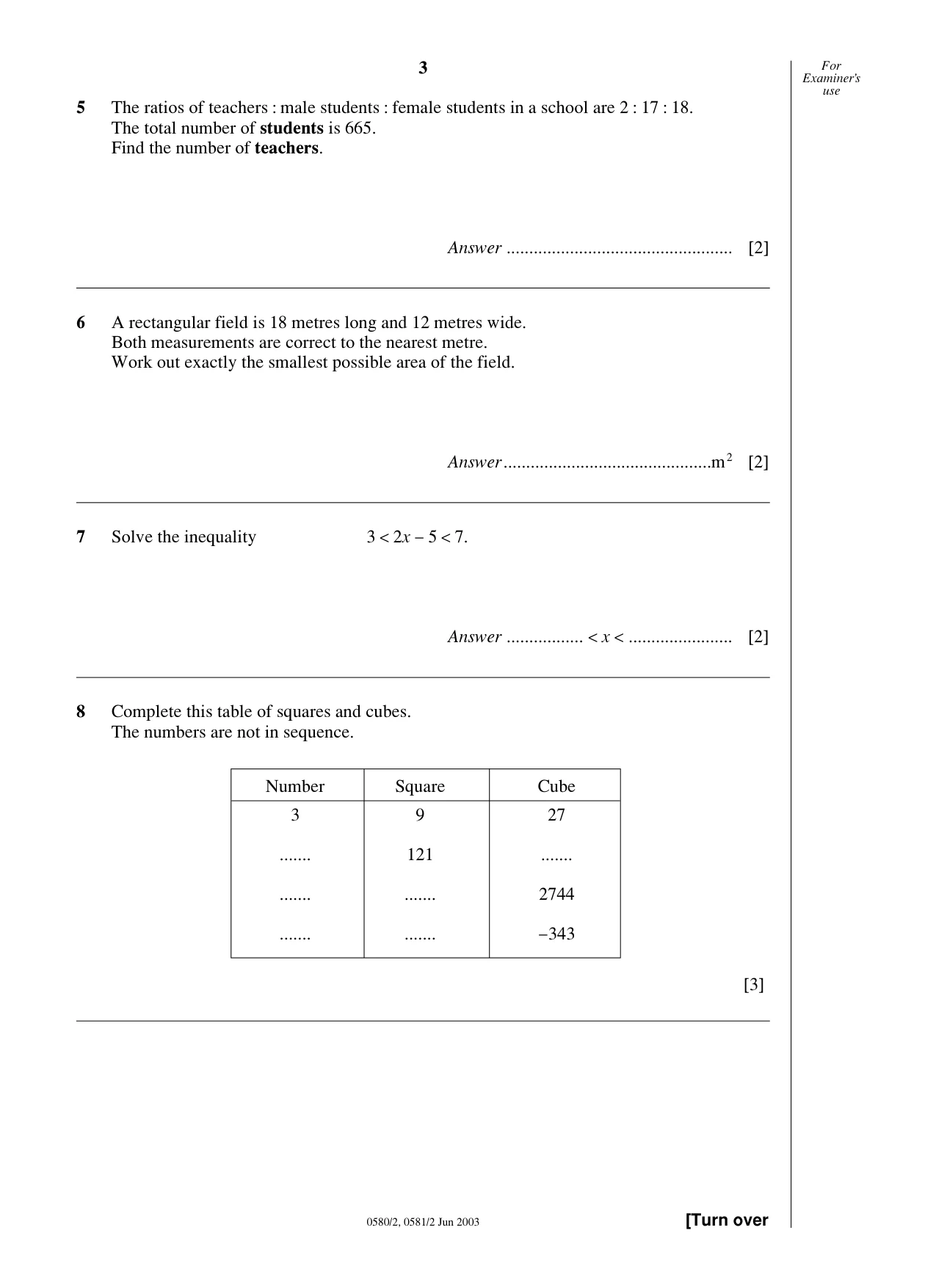 Cambridge IGCSE Mathematics (with coursework) 0581 2003 May/June Paper 2 · Variant 1 question paper, page 3 of 12