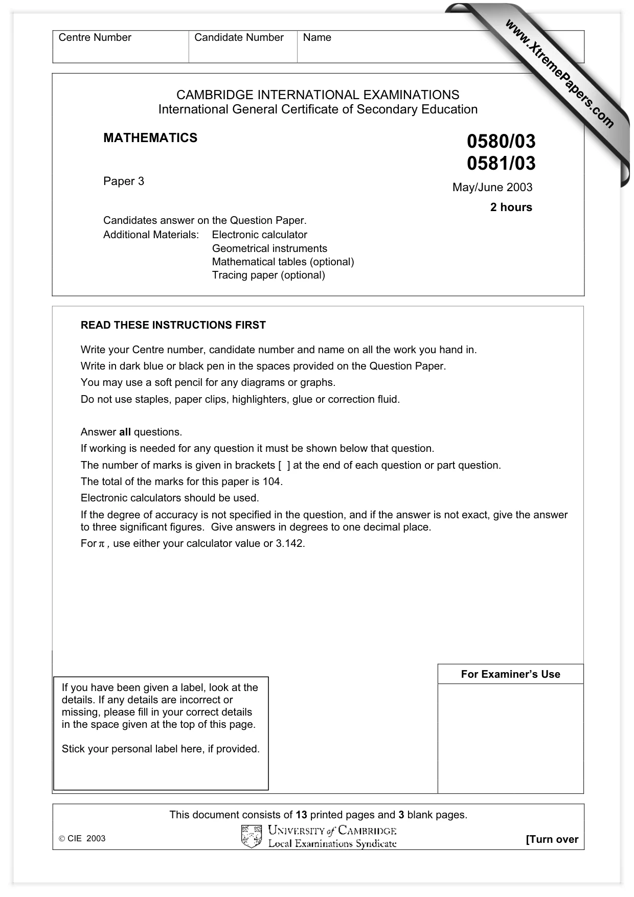 Cambridge IGCSE Mathematics (with coursework) 0581 2003 May/June Paper 3 · Variant 1 question paper, page 1 of 16