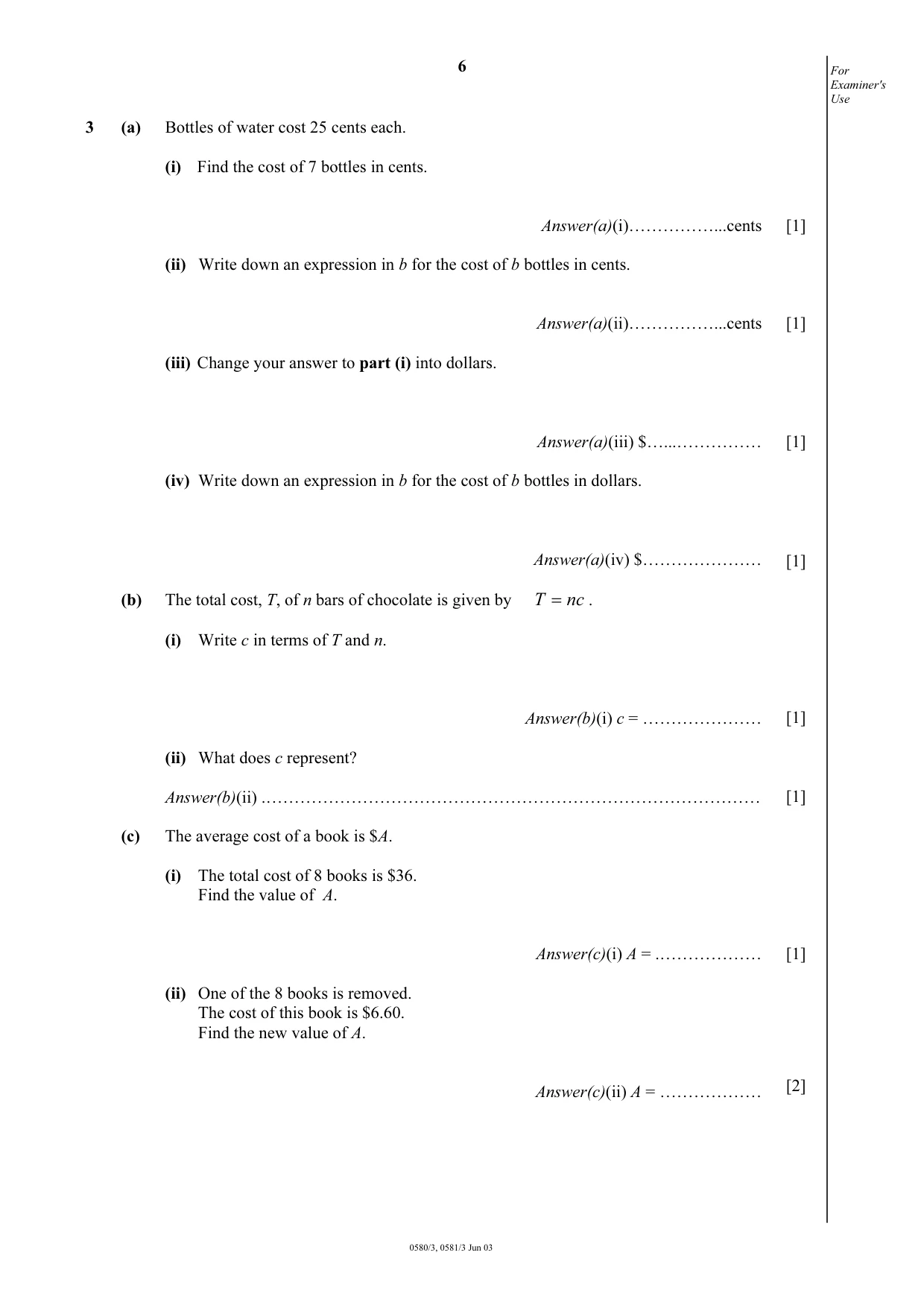 Cambridge IGCSE Mathematics (with coursework) 0581 2003 May/June Paper 3 · Variant 1 question paper, page 6 of 16