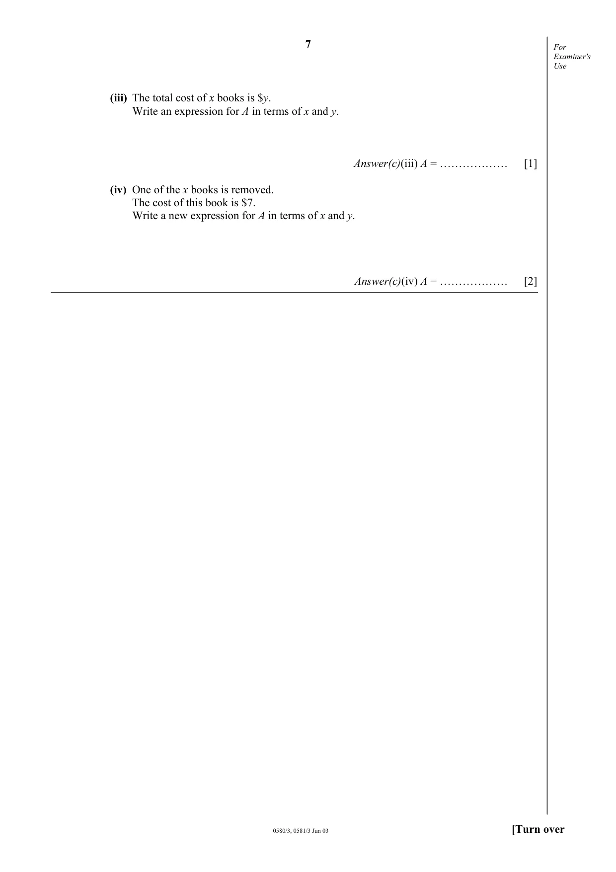 Cambridge IGCSE Mathematics (with coursework) 0581 2003 May/June Paper 3 · Variant 1 question paper, page 7 of 16