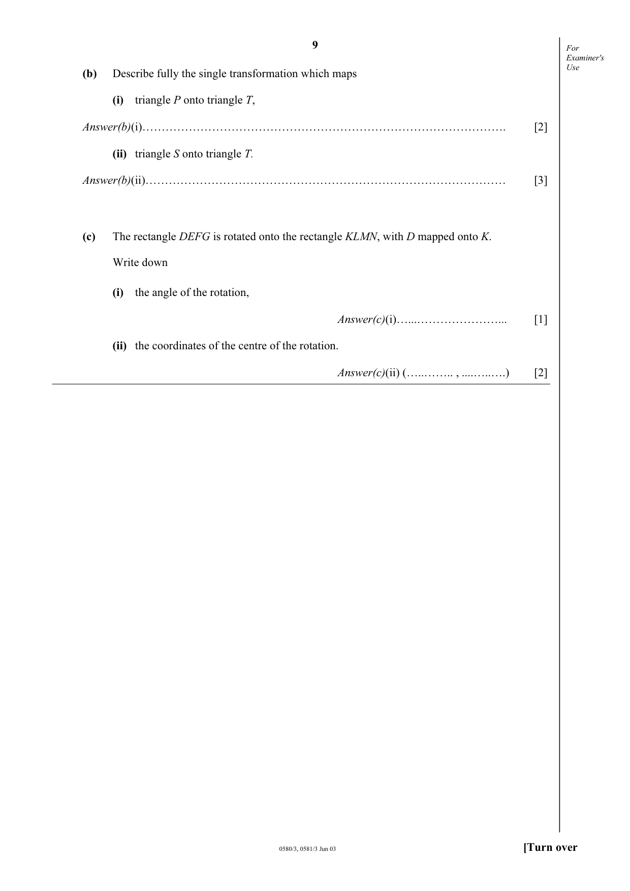 Cambridge IGCSE Mathematics (with coursework) 0581 2003 May/June Paper 3 · Variant 1 question paper, page 9 of 16