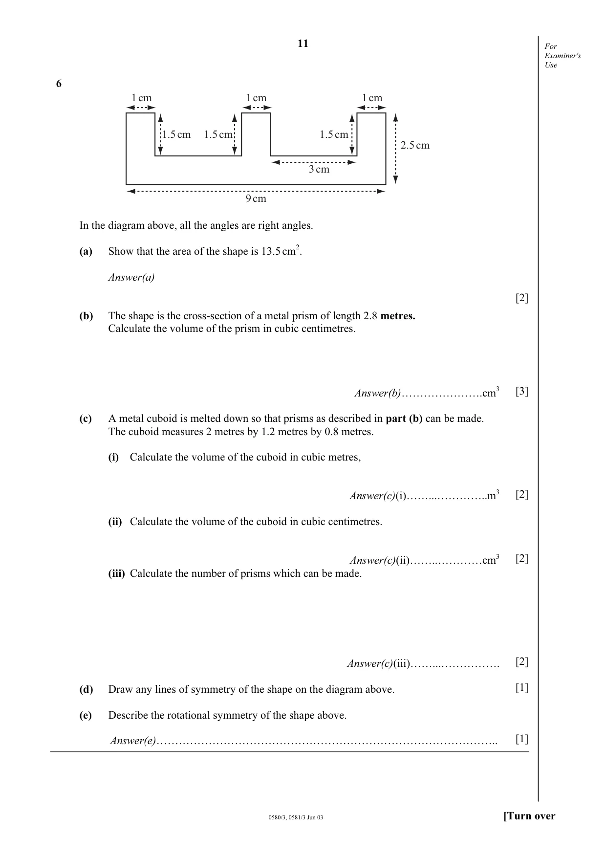 Cambridge IGCSE Mathematics (with coursework) 0581 2003 May/June Paper 3 · Variant 1 question paper, page 11 of 16
