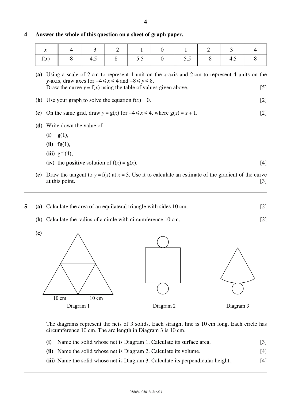 Cambridge IGCSE Mathematics (with coursework) 0581 2003 May/June Paper 4 · Variant 1 question paper, page 4 of 8