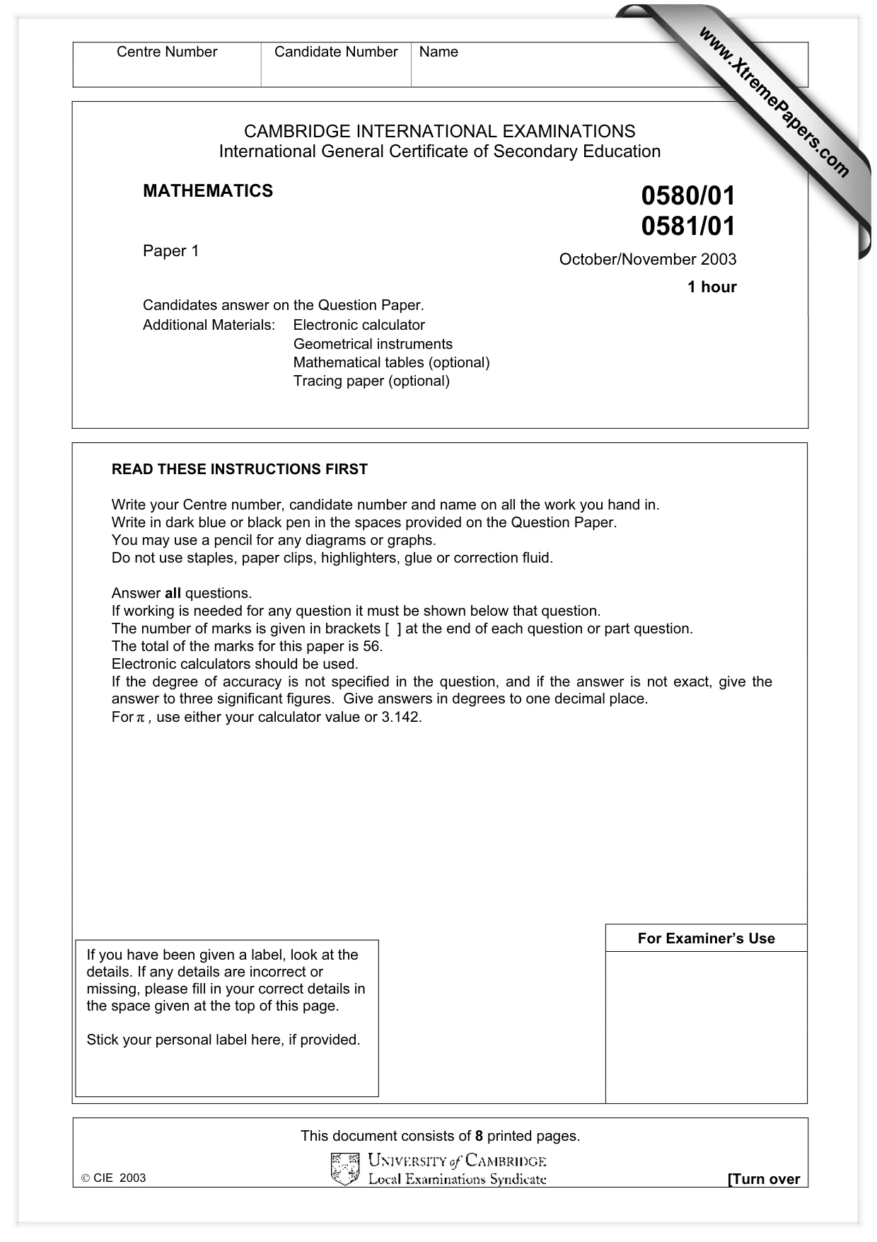 Cambridge IGCSE Mathematics (with coursework) 0581 2003 Oct/Nov Paper 1 · Variant 1 question paper, page 1 of 8